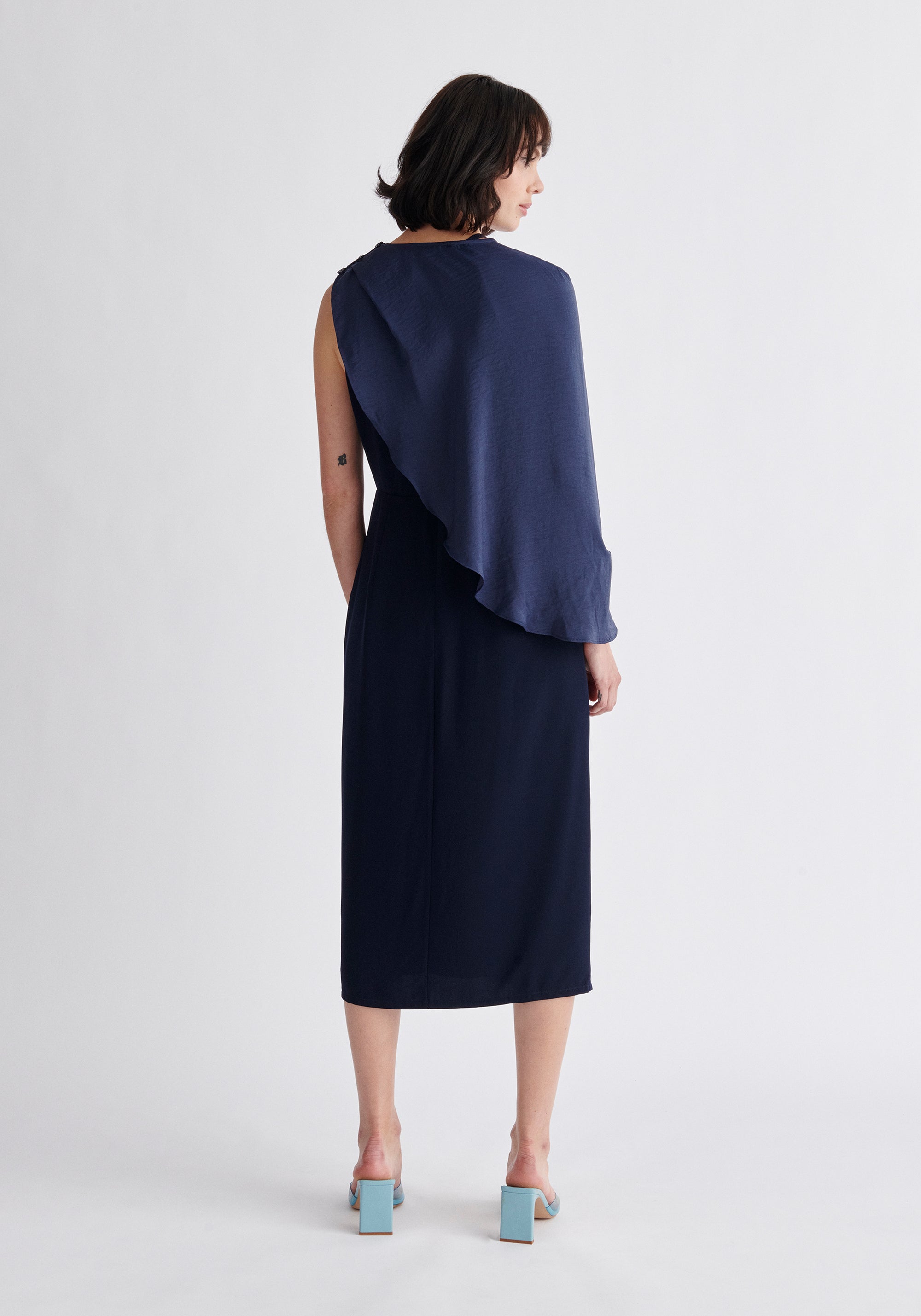 Paisie Detachable Cape Dress in Navy Back