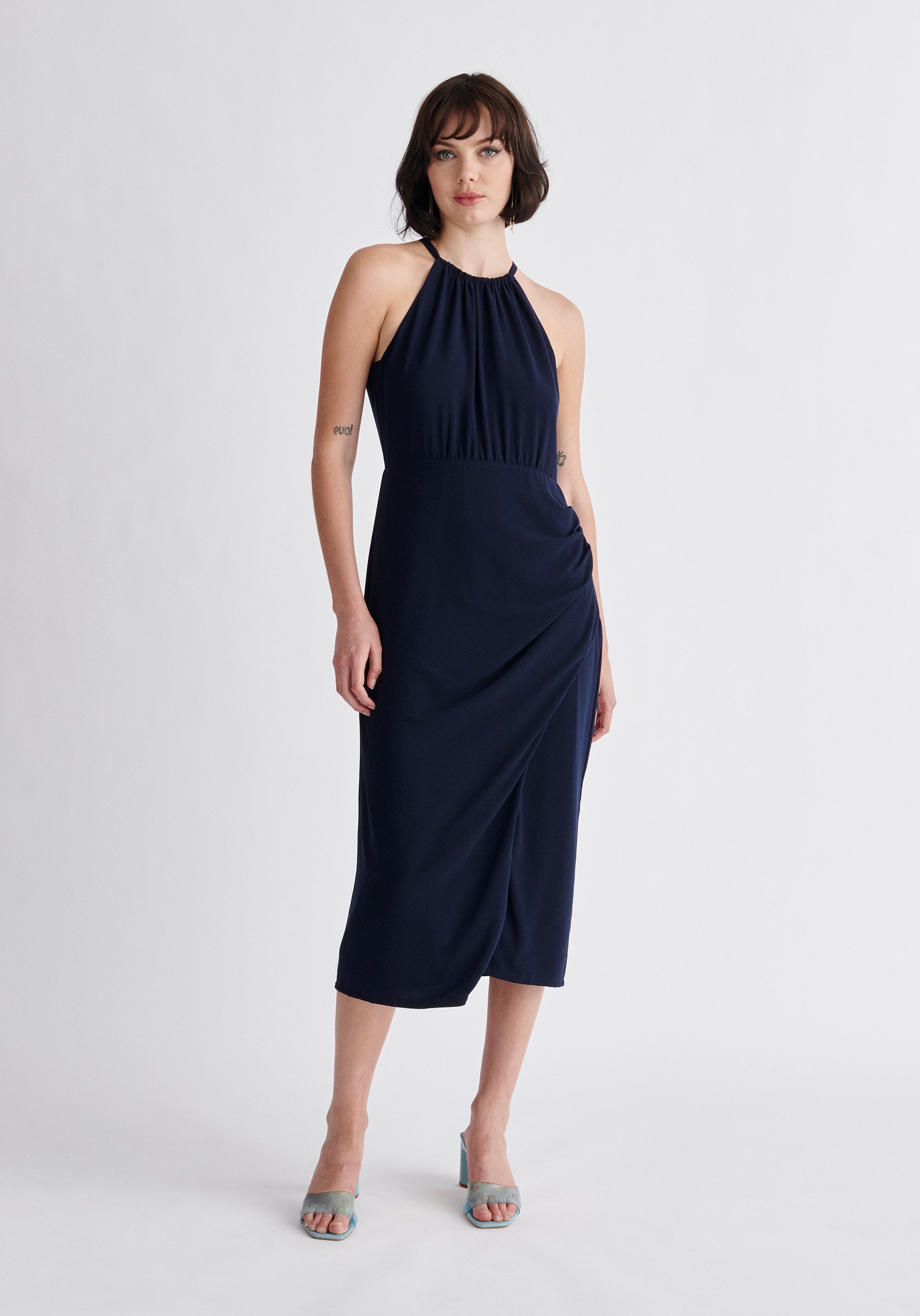 Paisie Detachable Cape Dress in Navy