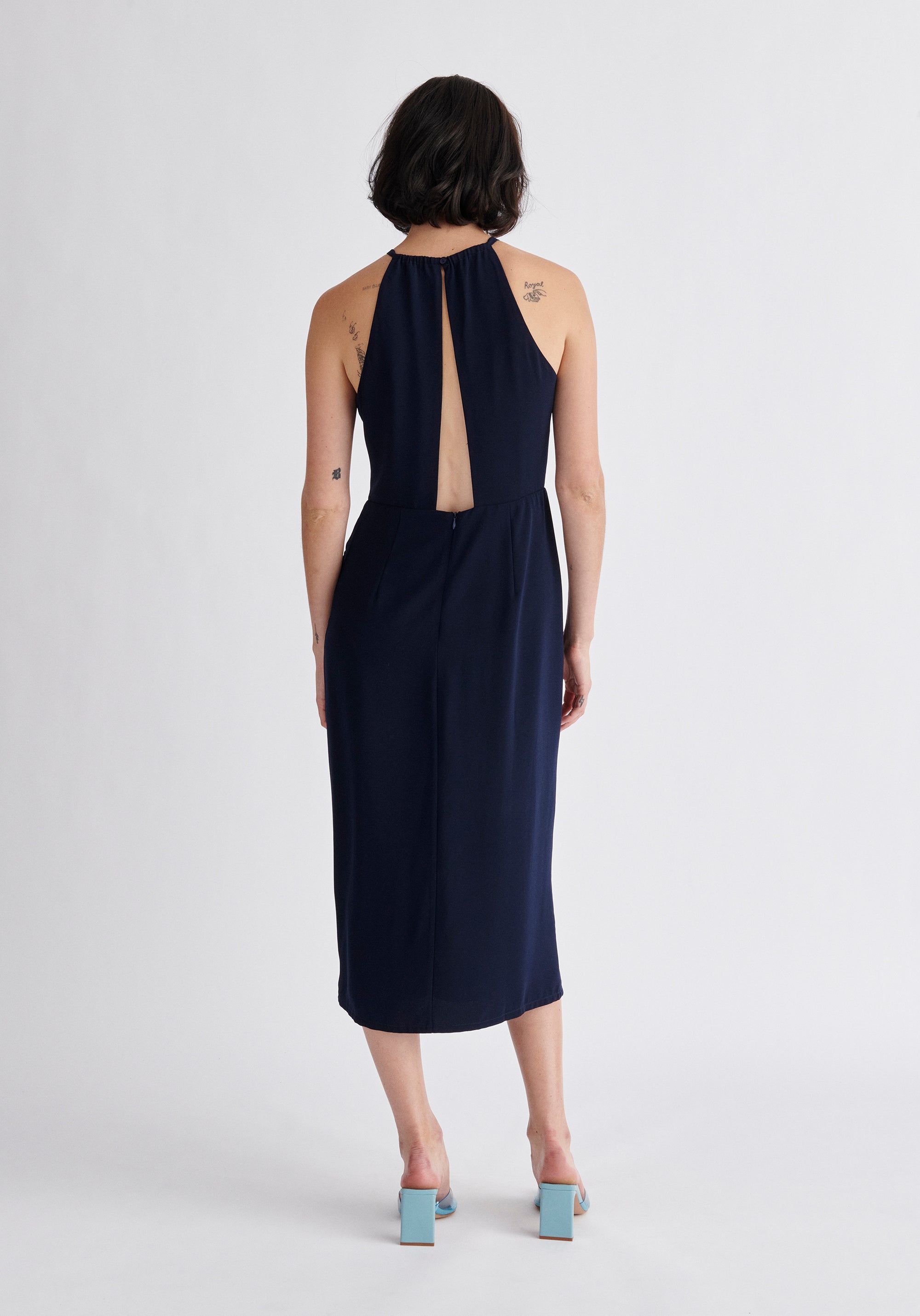Paisie Detachable Cape Dress in Navy Back