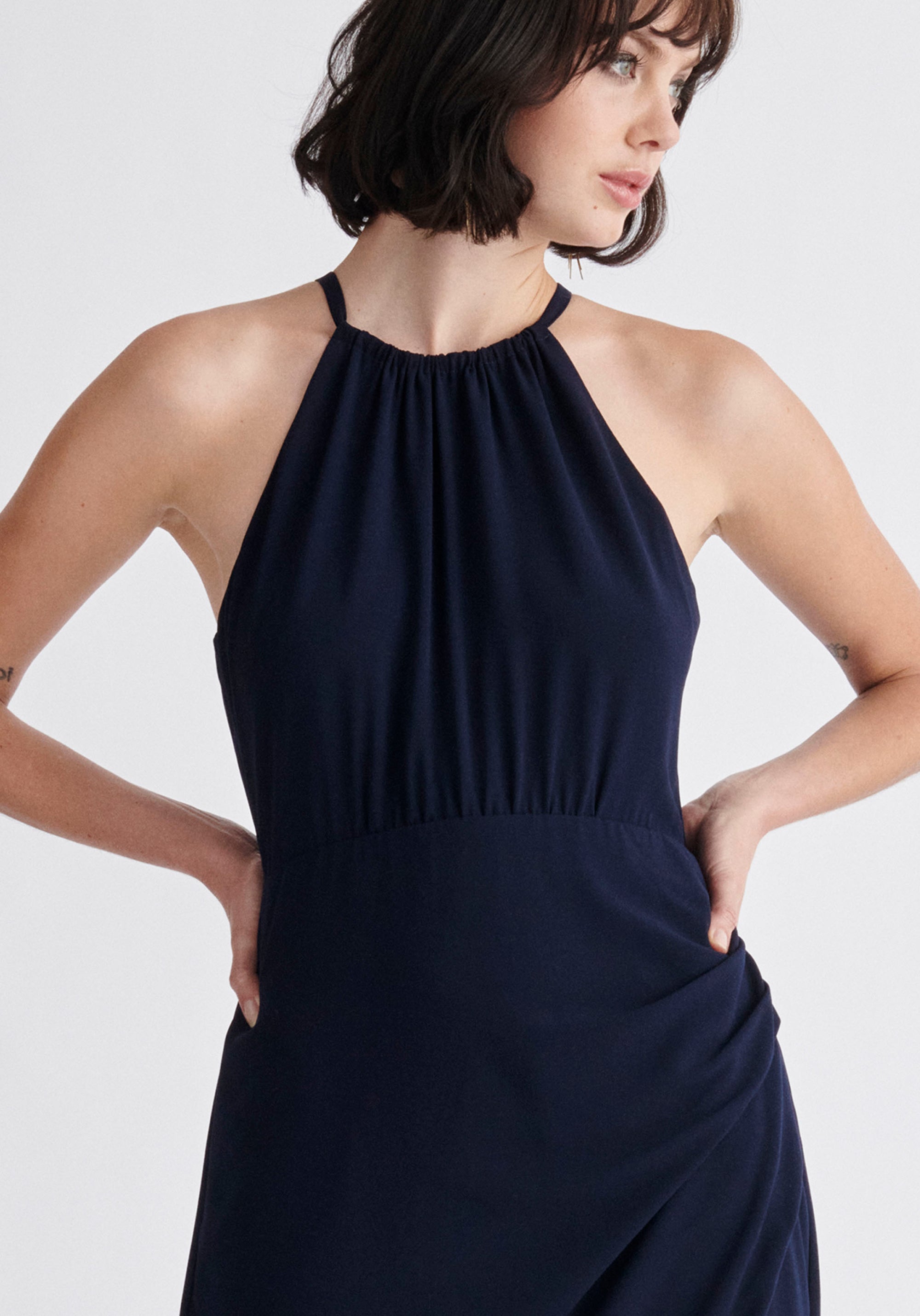 Paisie Detachable Cape Dress in Navy Close Up