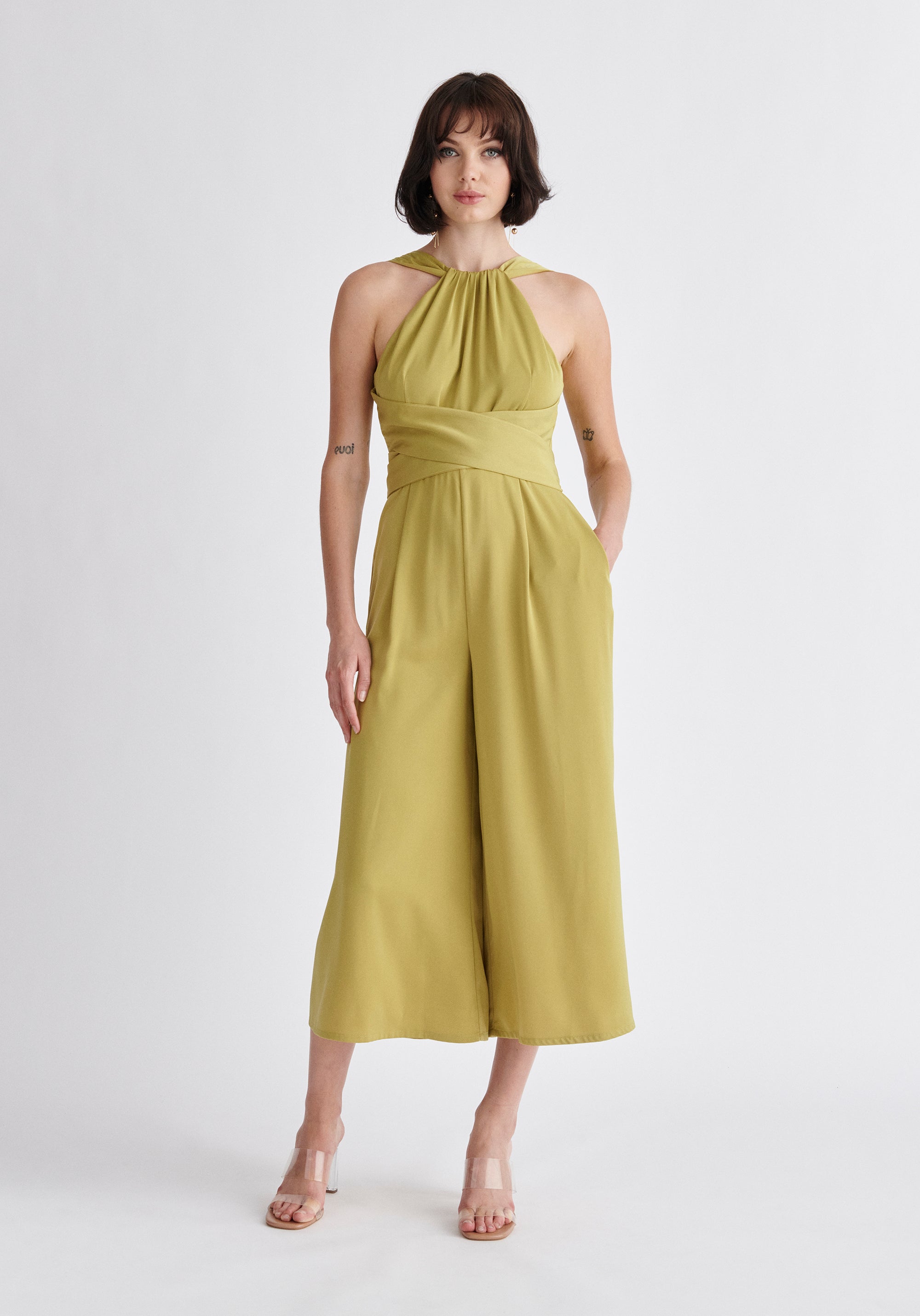 Paisie Cross Waist Halterneck Jumpsuit in Green