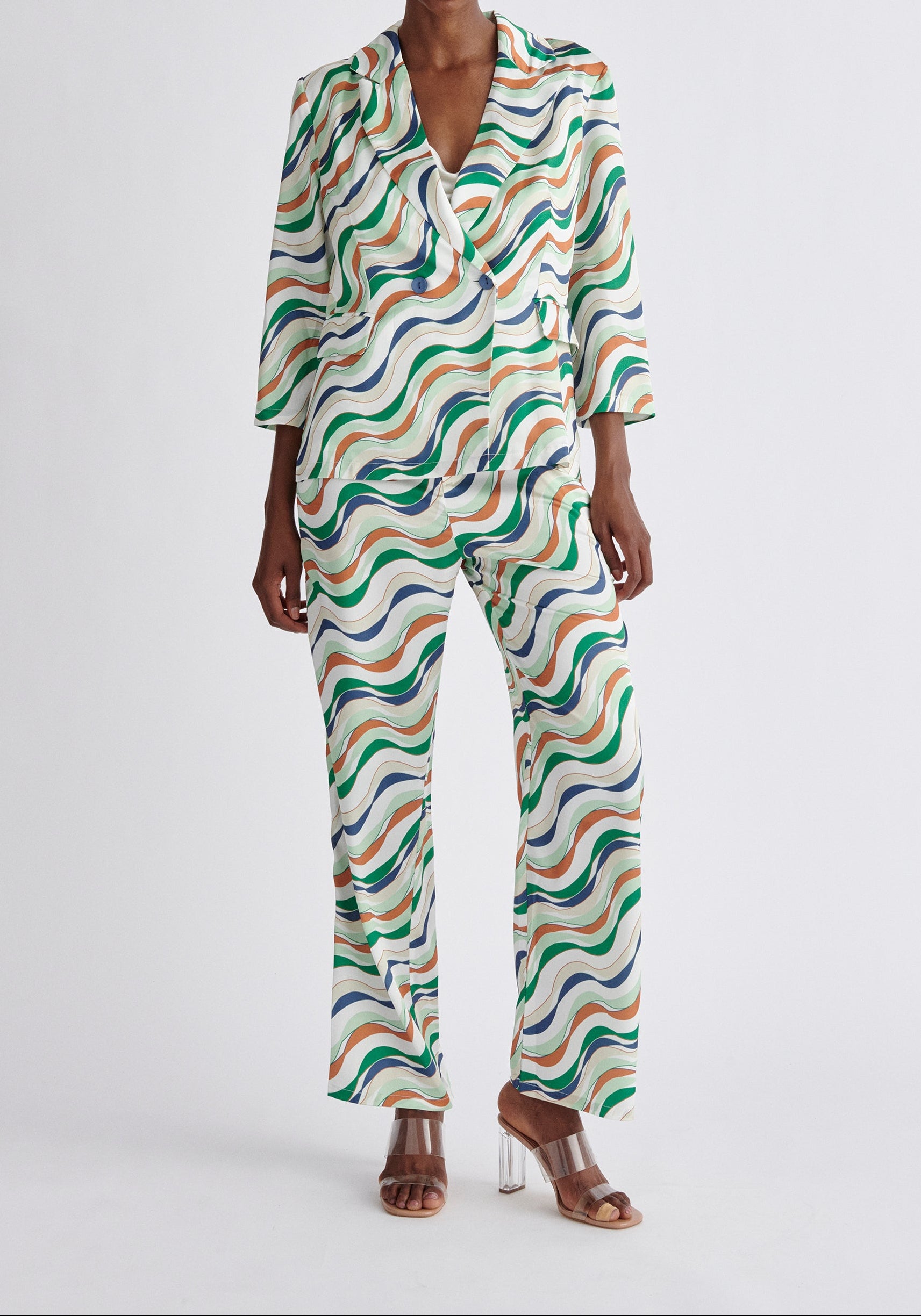 Paisie Belted Wave Print Blazer in Green