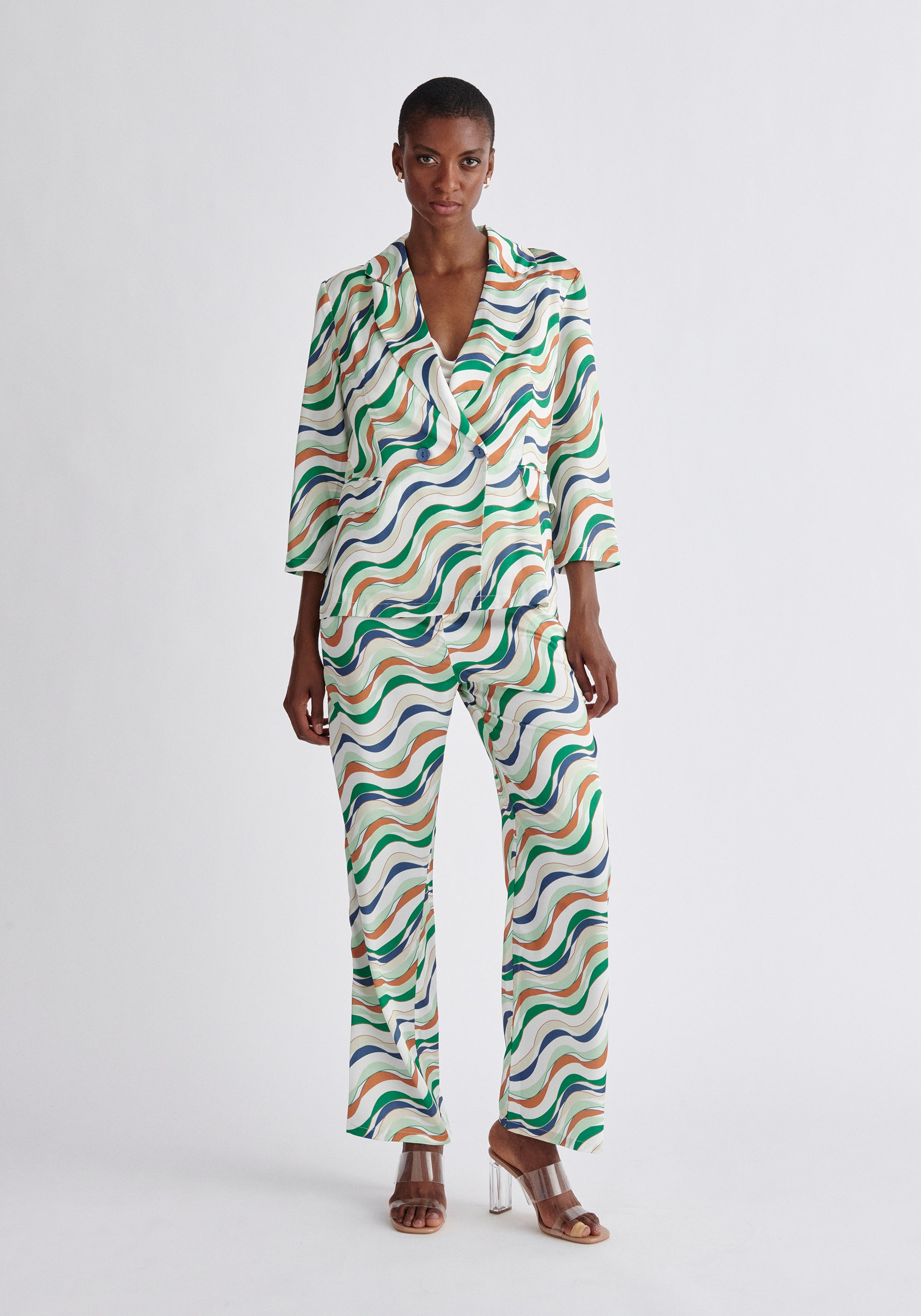 Paisie Belted Wave Print Blazer in Green