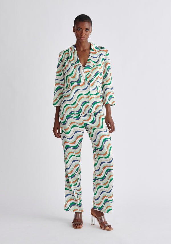 Paisie Belted Wave Print Blazer in Green