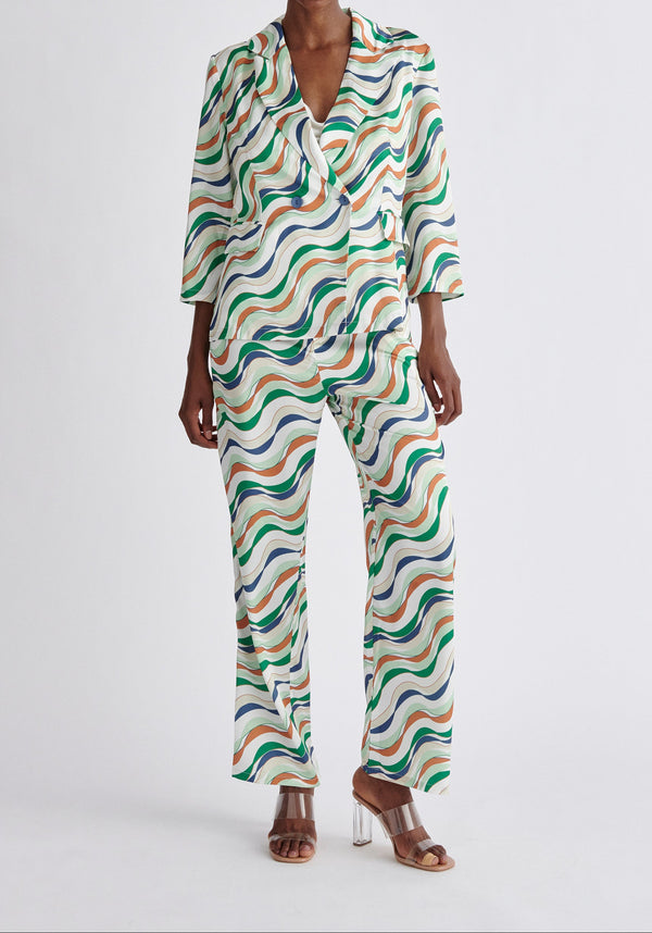 Paisie Belted Wave Print Blazer in Green