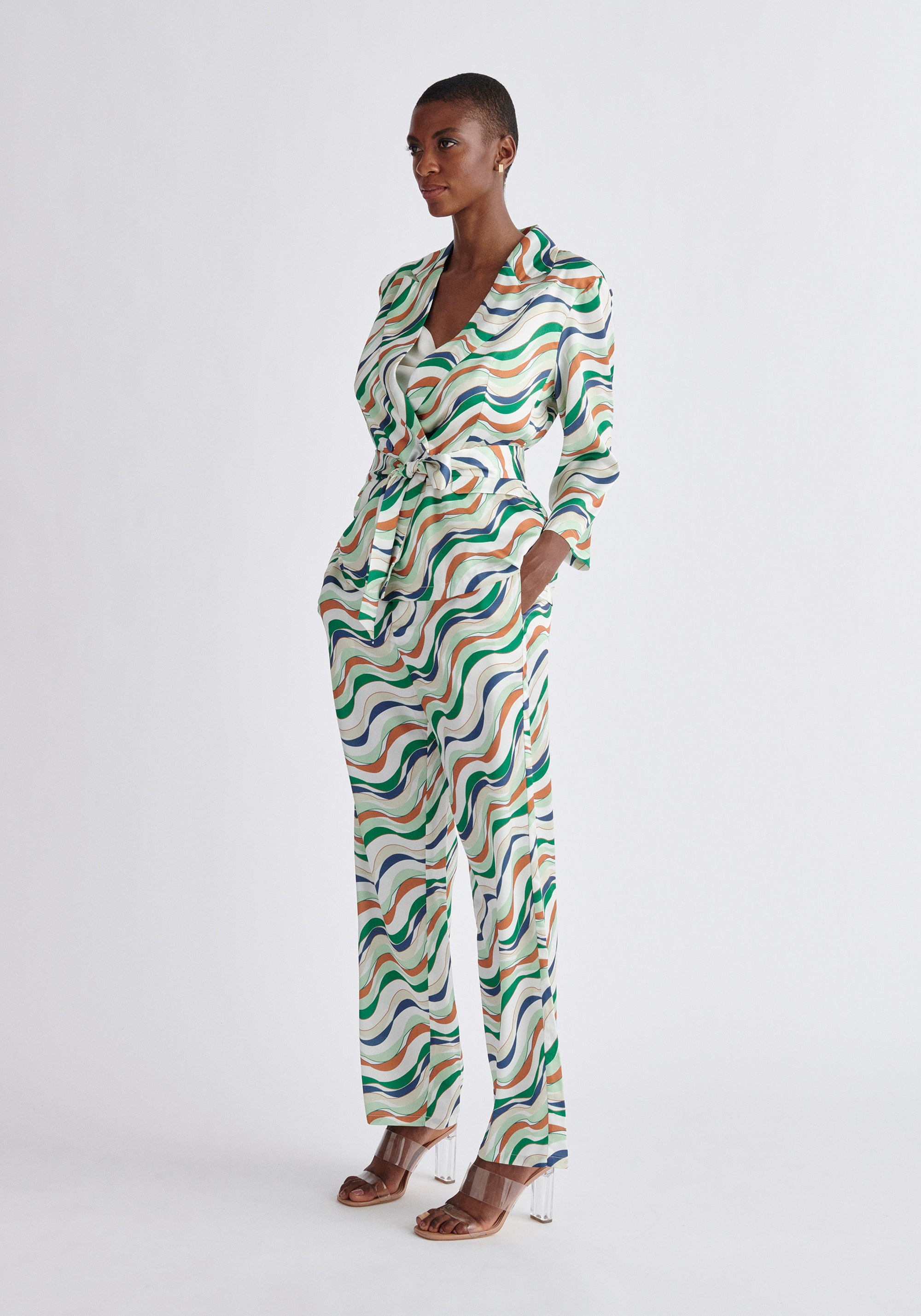 Paisie Belted Wave Print Blazer in Green