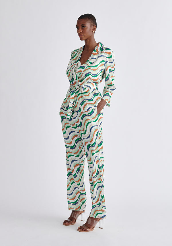 Paisie Belted Wave Print Blazer in Green