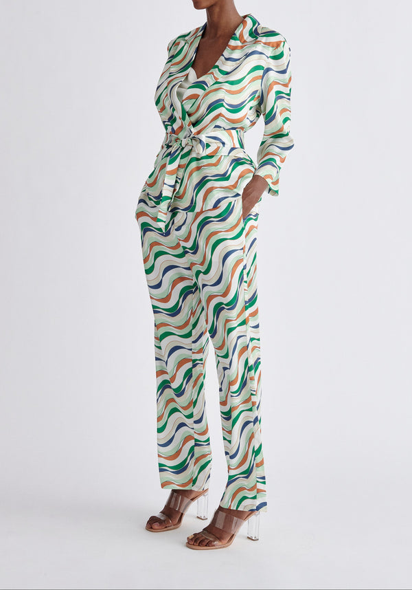 Paisie Belted Wave Print Blazer in Green