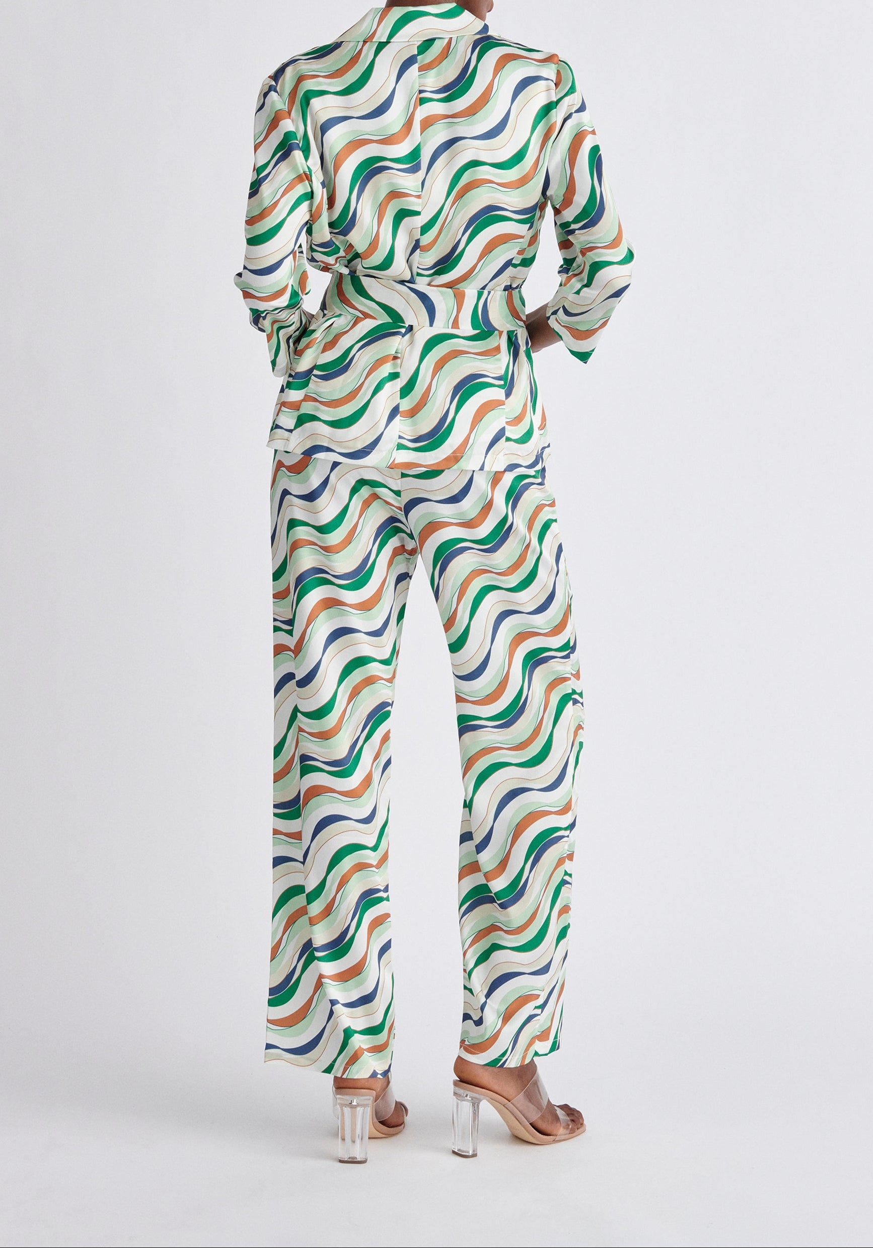 Paisie Belted Wave Print Blazer in Green Back