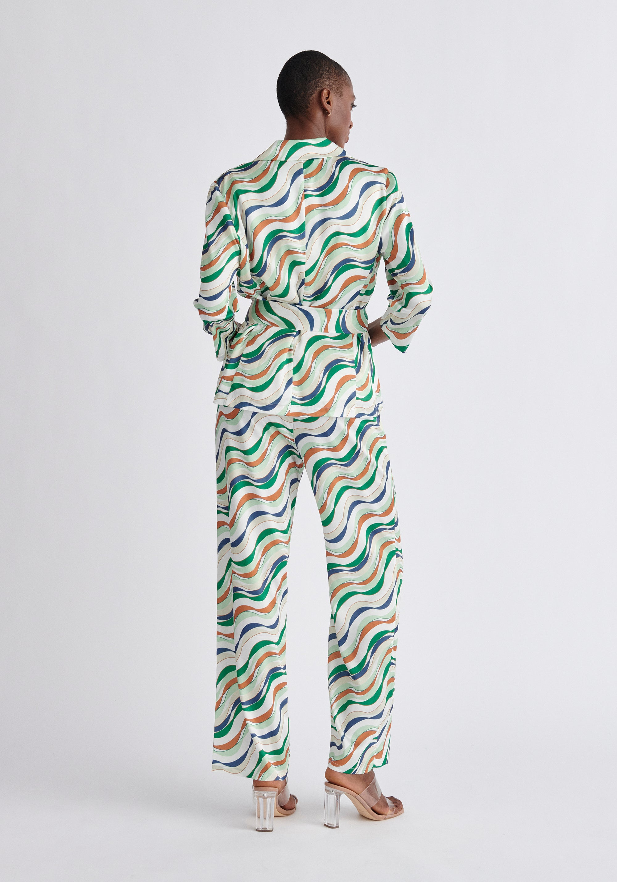 Paisie Belted Wave Print Blazer in Green Back