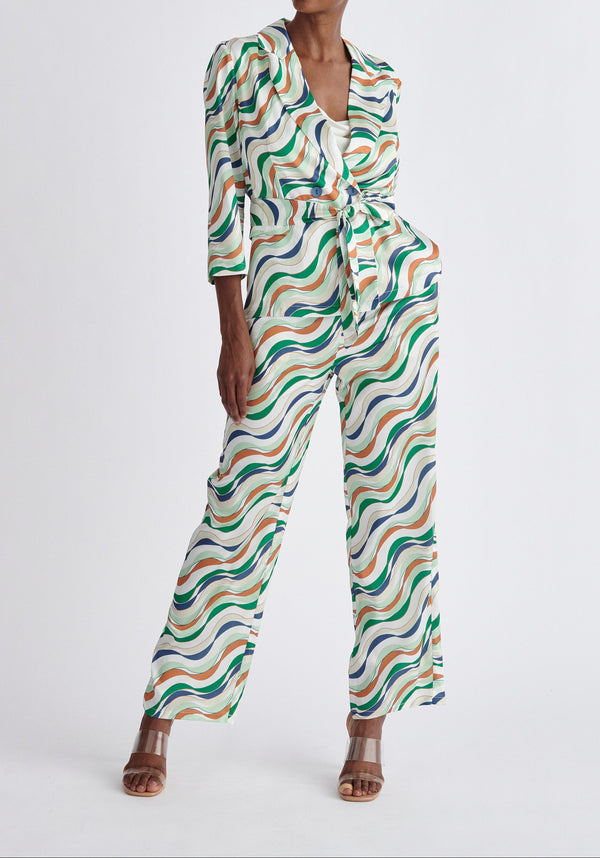 Paisie Belted Wave Print Blazer in Green
