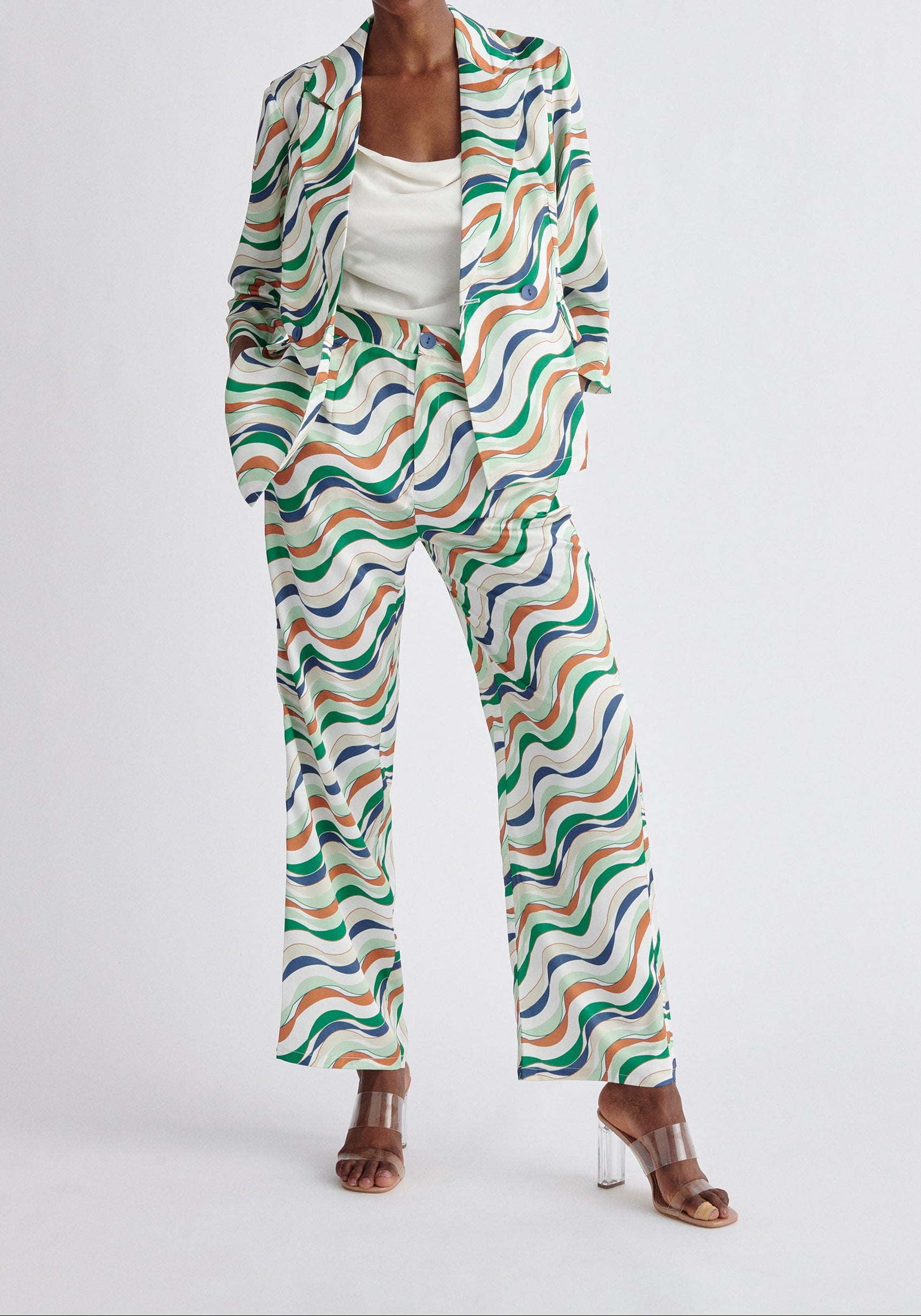 Paisie Belted Wave Print Blazer in Green