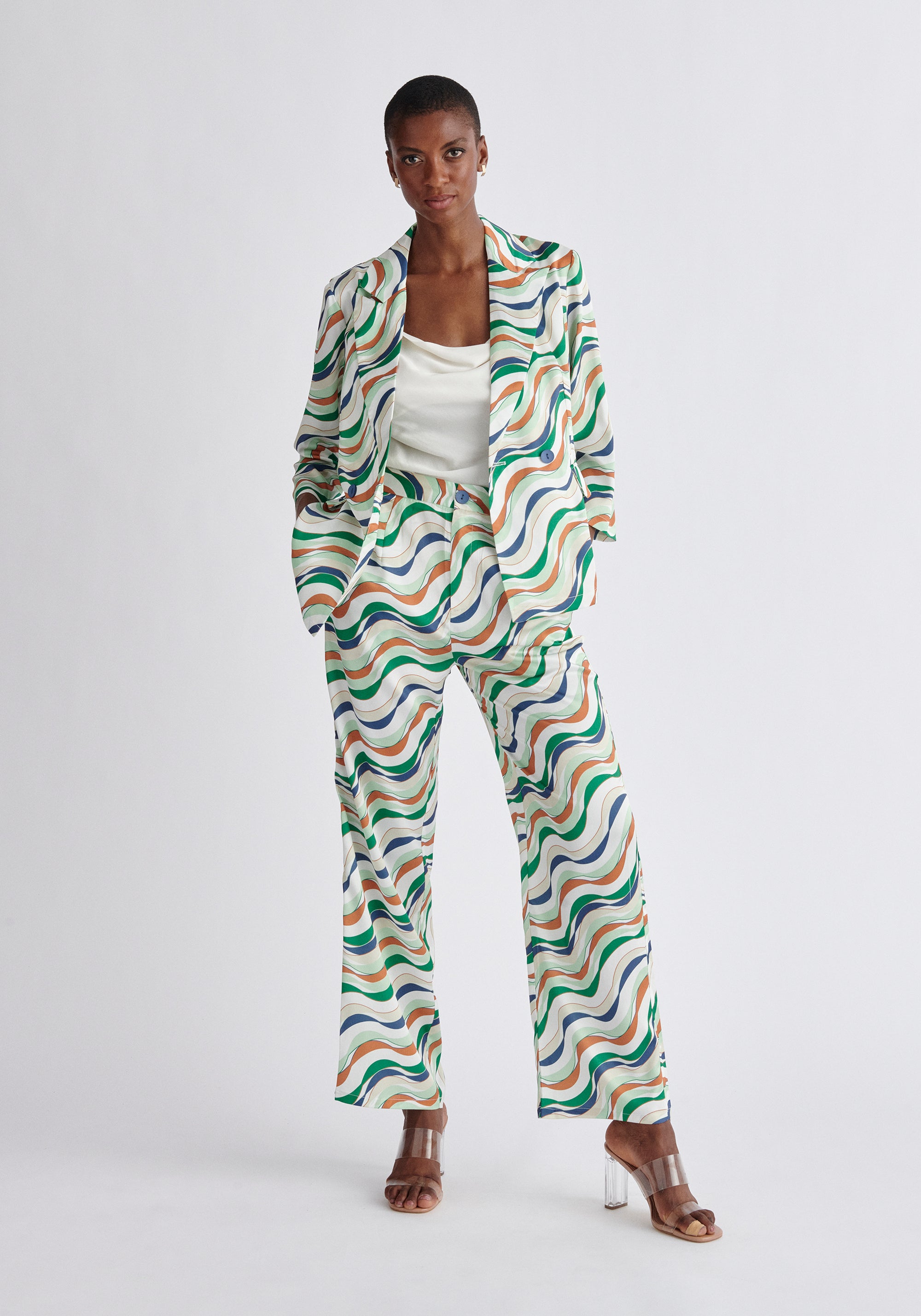 Paisie Belted Wave Print Blazer in Green