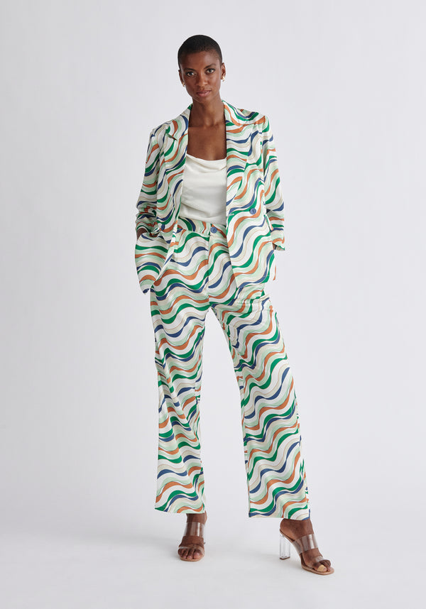 Paisie Belted Wave Print Blazer in Green