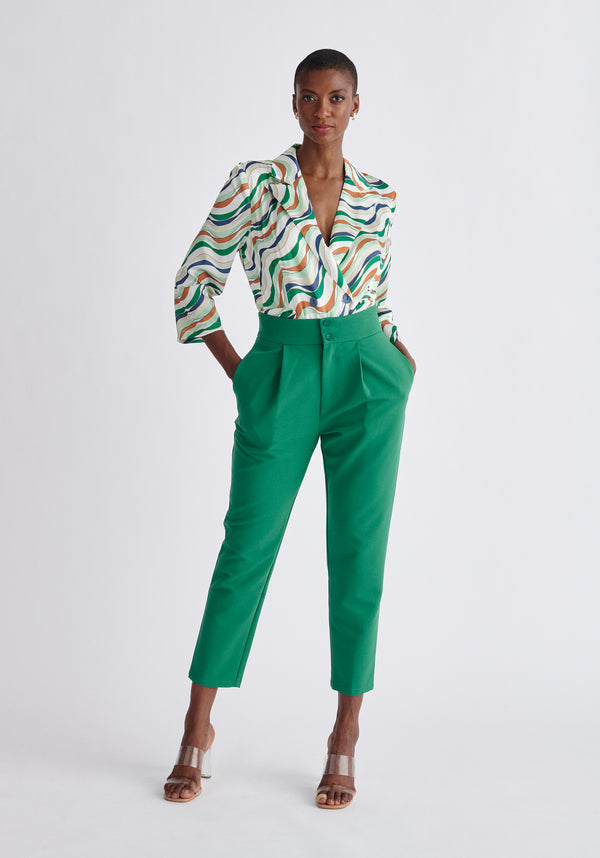 Paisie Belted Wave Print Blazer in Green
