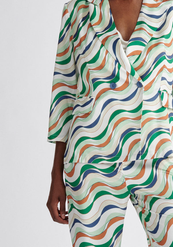 Paisie Belted Wave Print Blazer in Green Close Up