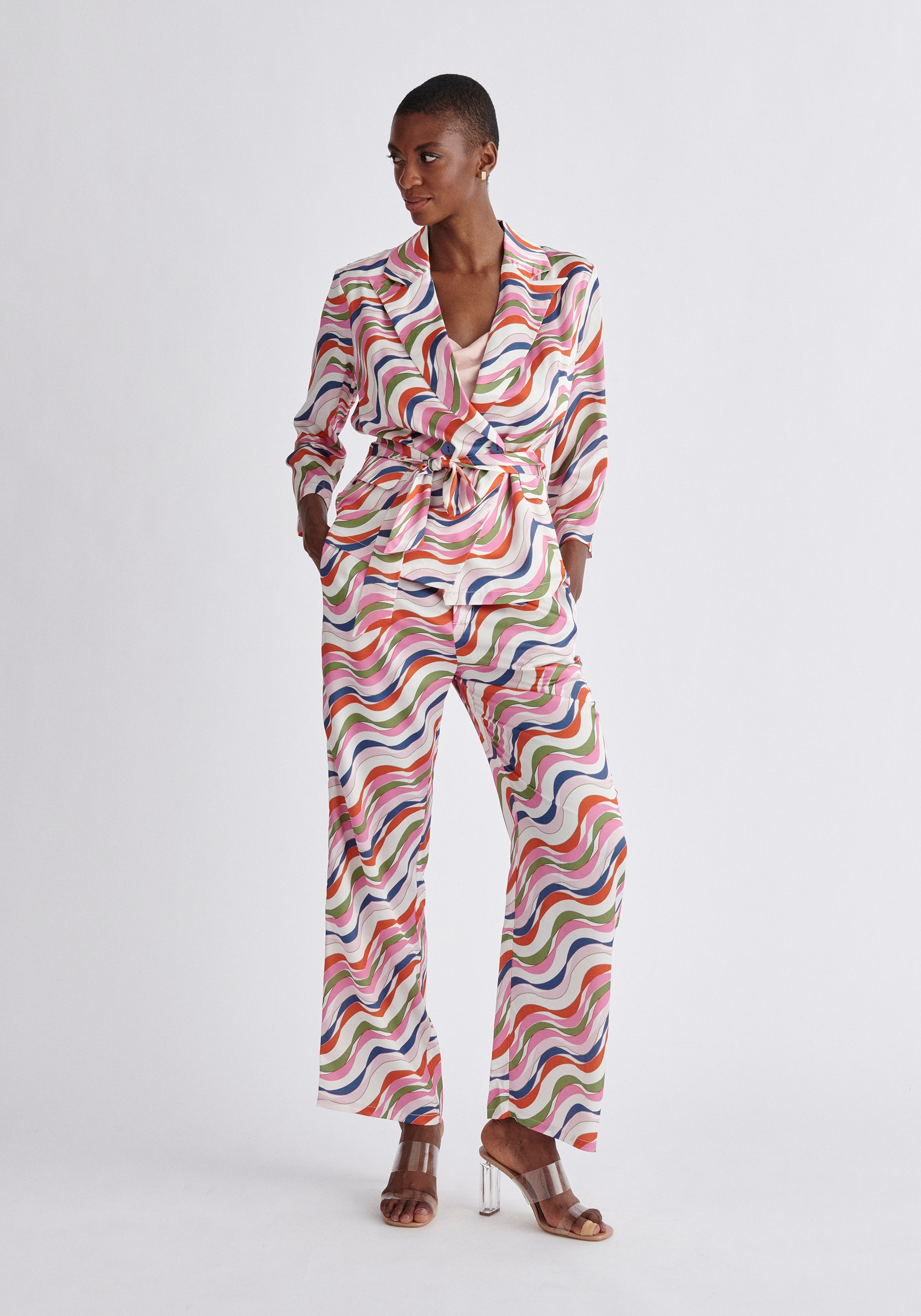 Paisie Belted Wave Print Blazer in Pink