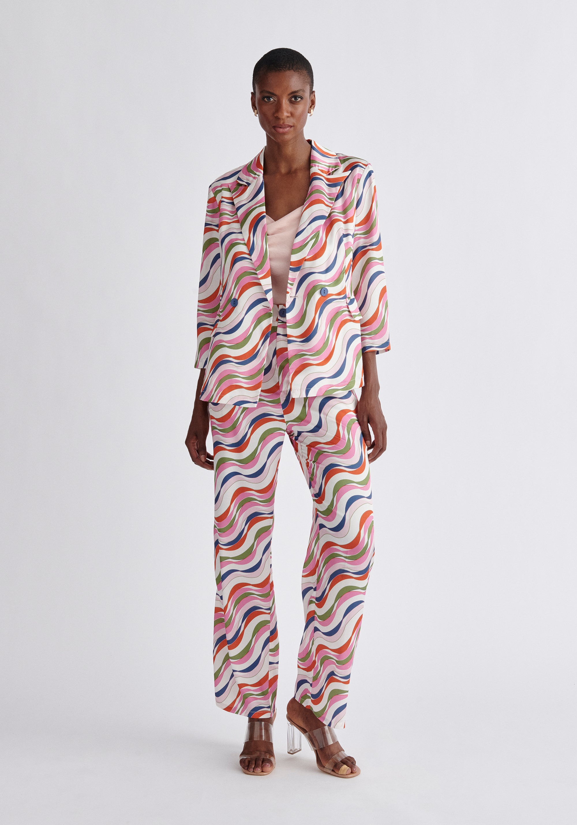 Paisie Belted Wave Print Blazer in Pink