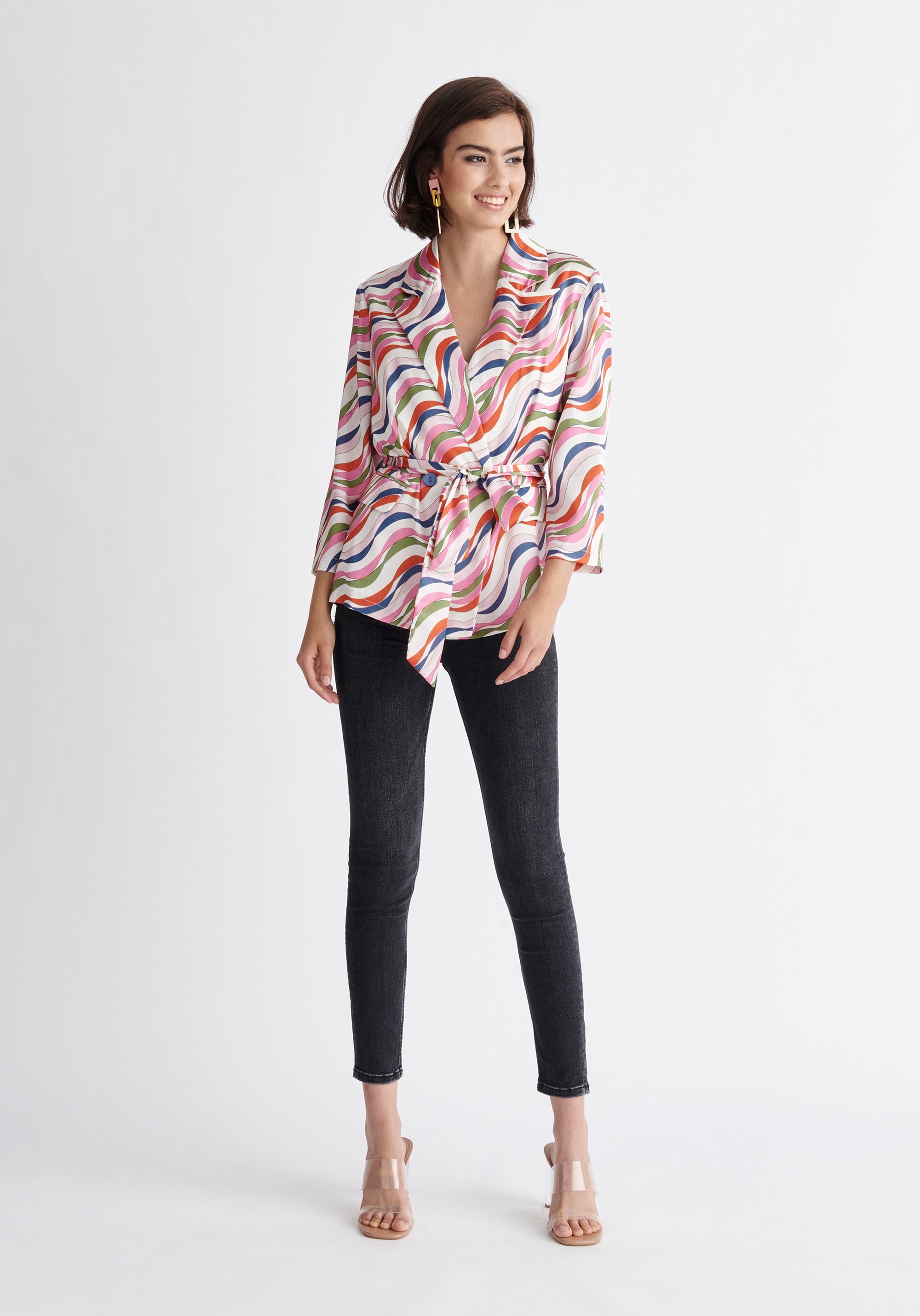 Paisie Belted Wave Print Blazer in Pink