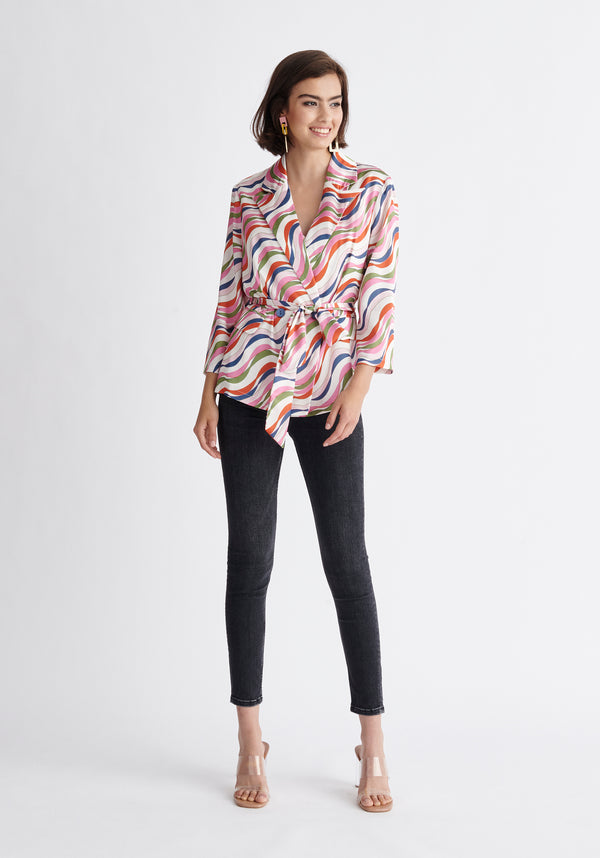 Paisie Belted Wave Print Blazer in Pink