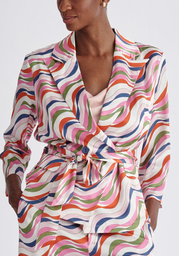 Paisie Belted Wave Print Blazer in Pink Close Up