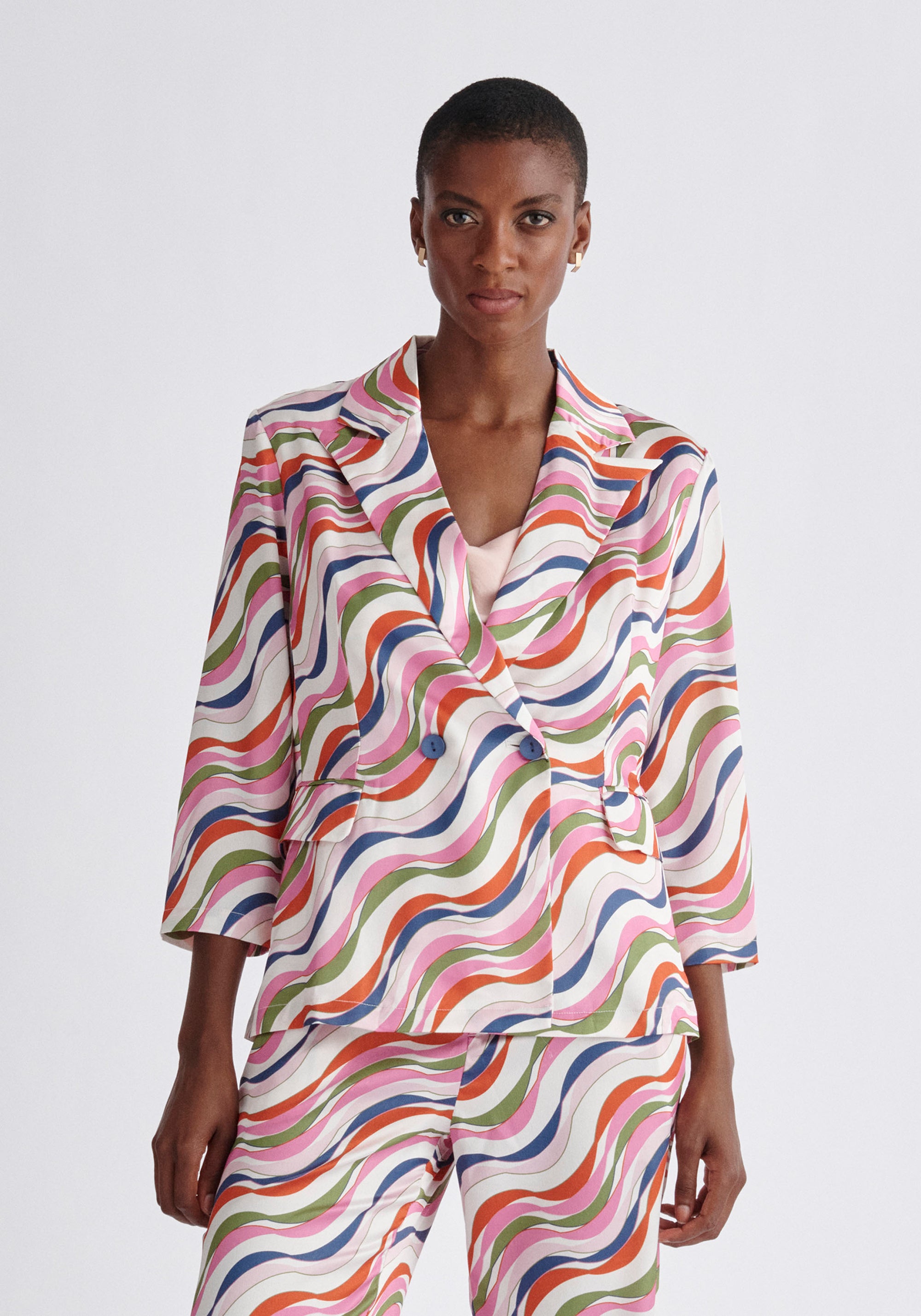 Paisie Belted Wave Print Blazer in Pink