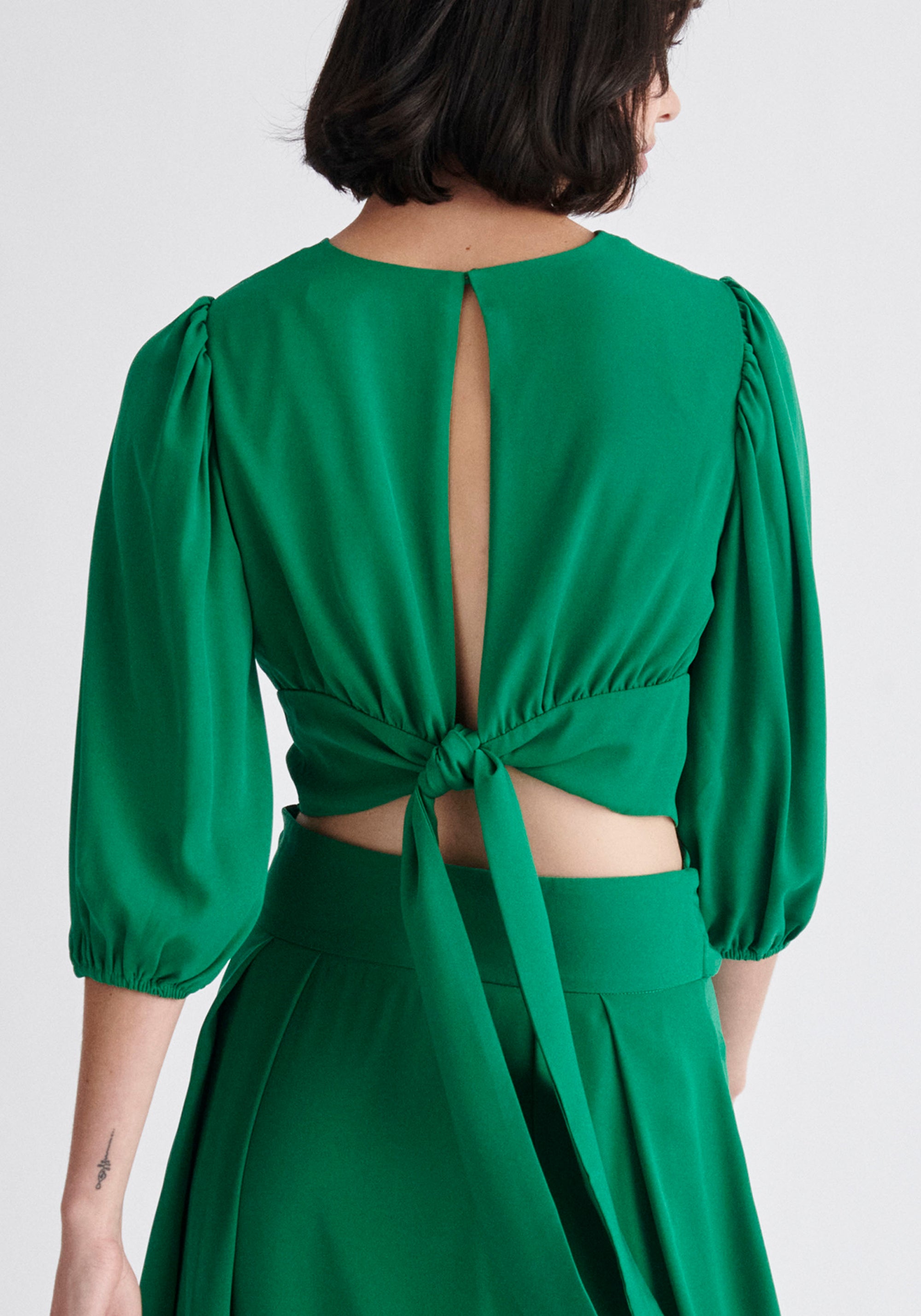 Paisie Wrap Crop Top in Green Close Up