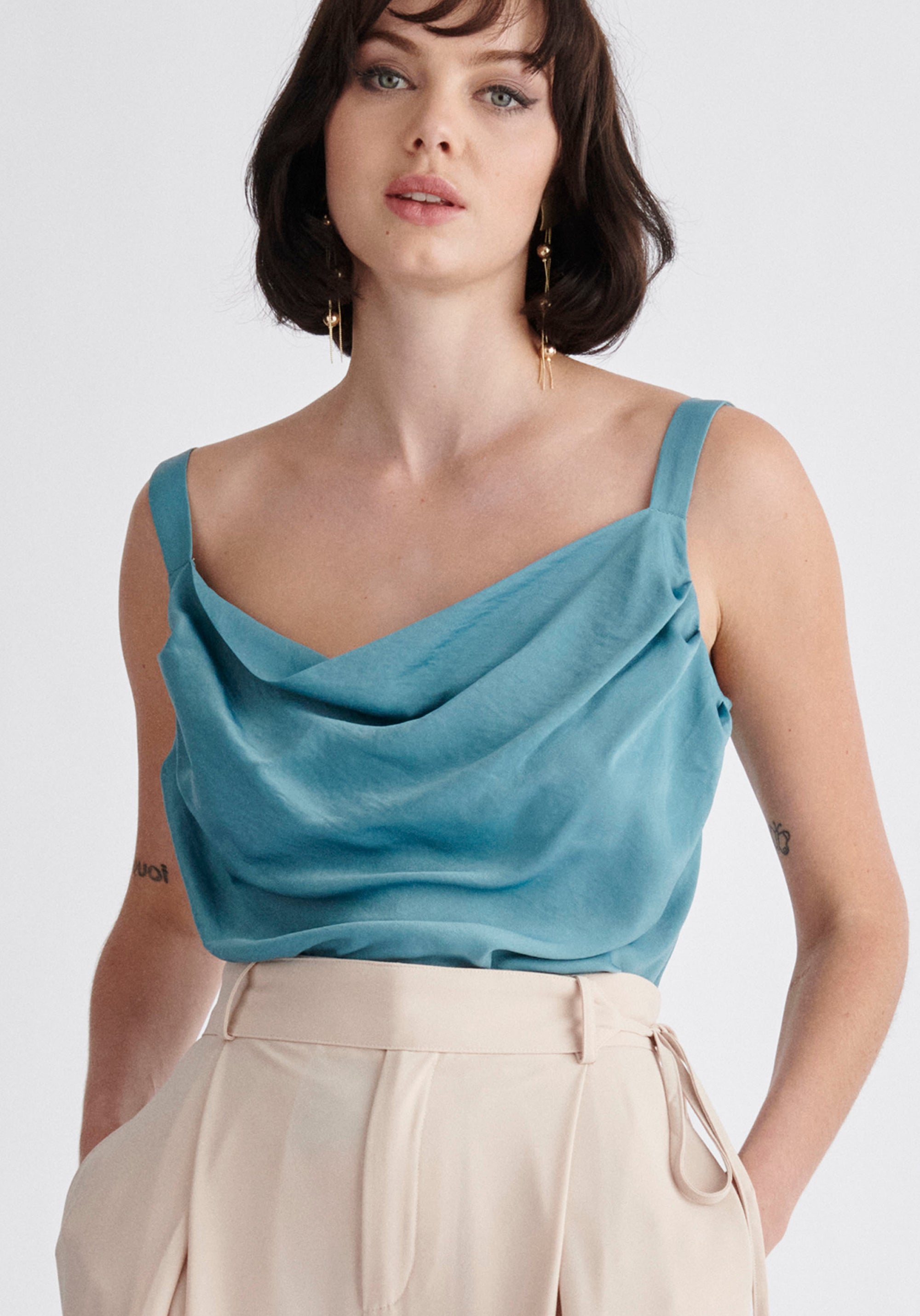 Paisie Cowl Neck Vest Top in Teal Close Up
