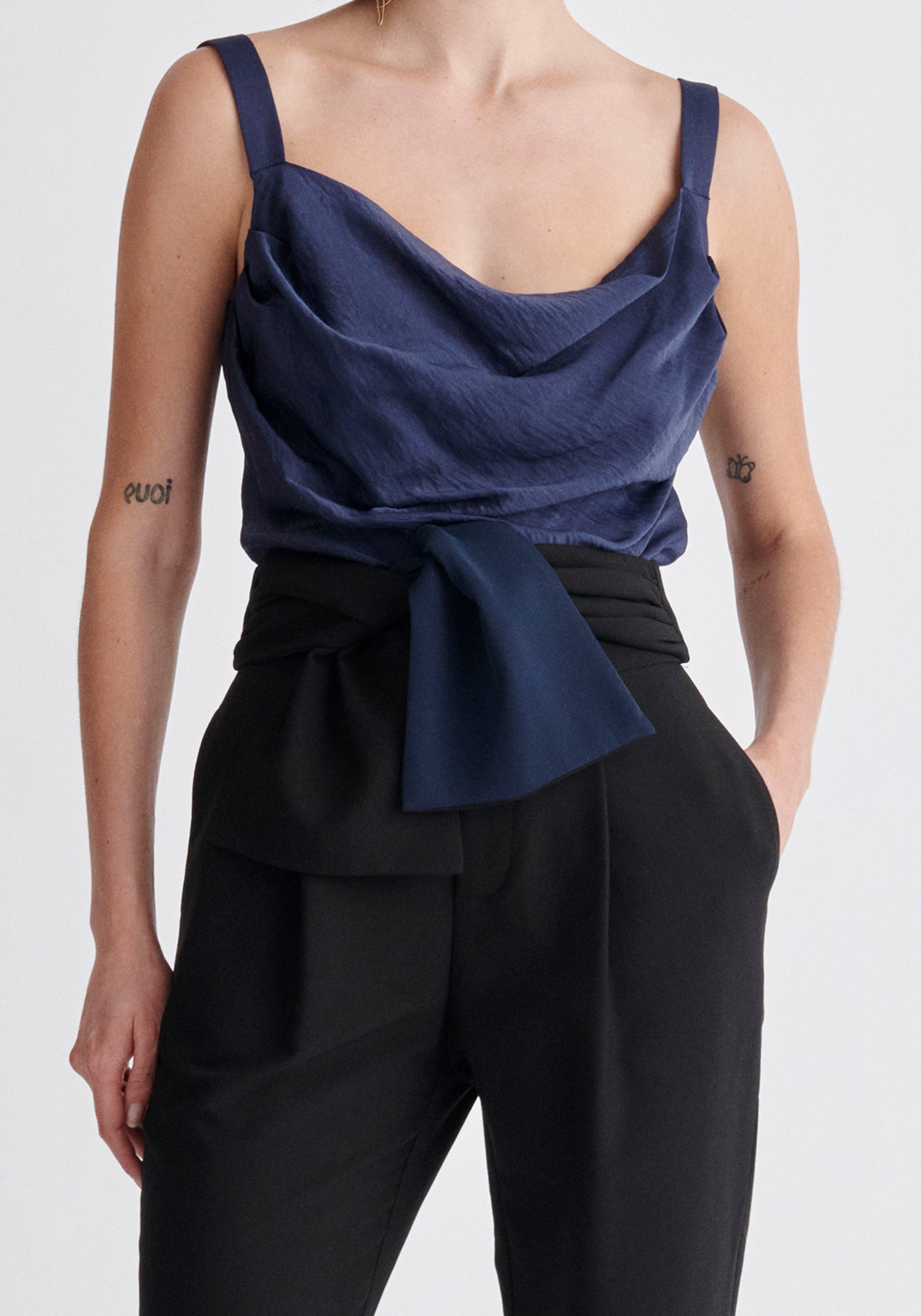 Paisie Cowl Neck Vest Top in Navy Close Up