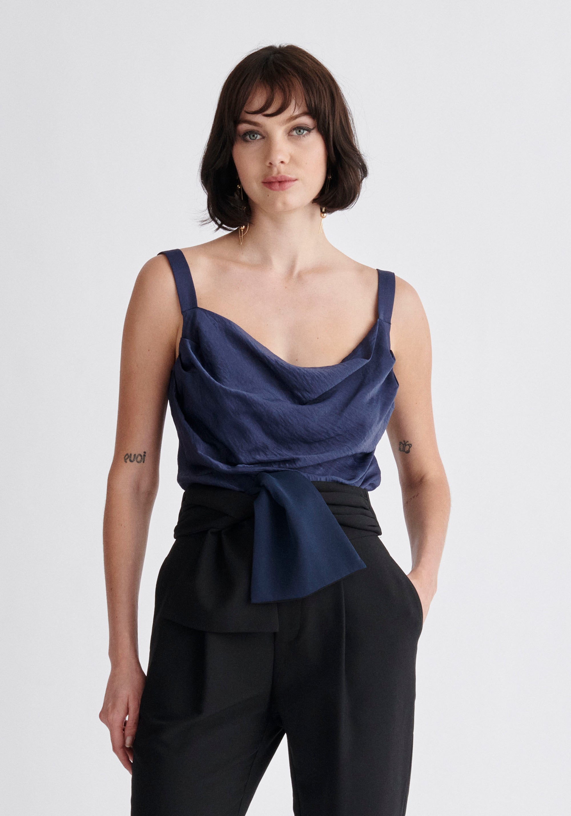 Paisie Cowl Neck Vest Top in Navy