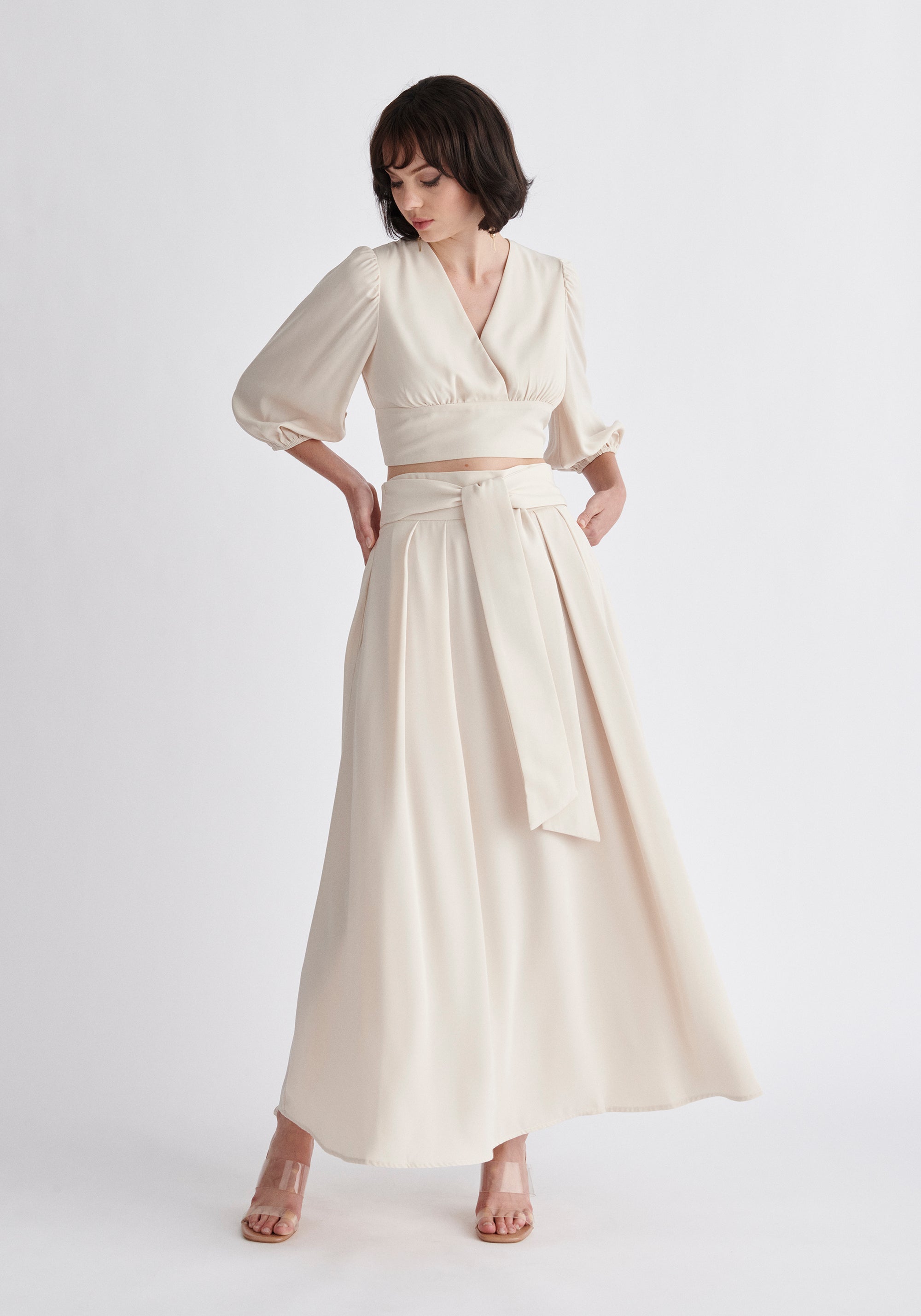 Paisie Maxi Tie Skirt in Beige