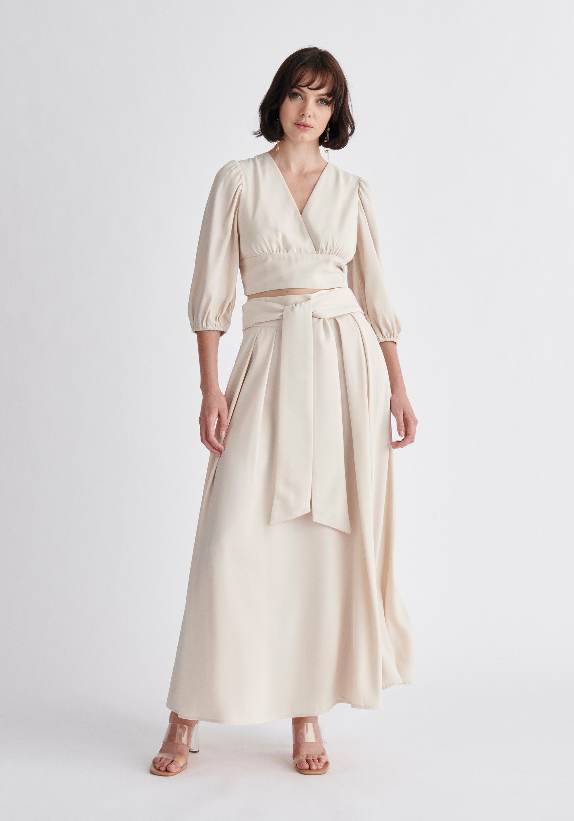 Paisie Maxi Tie Skirt in Beige