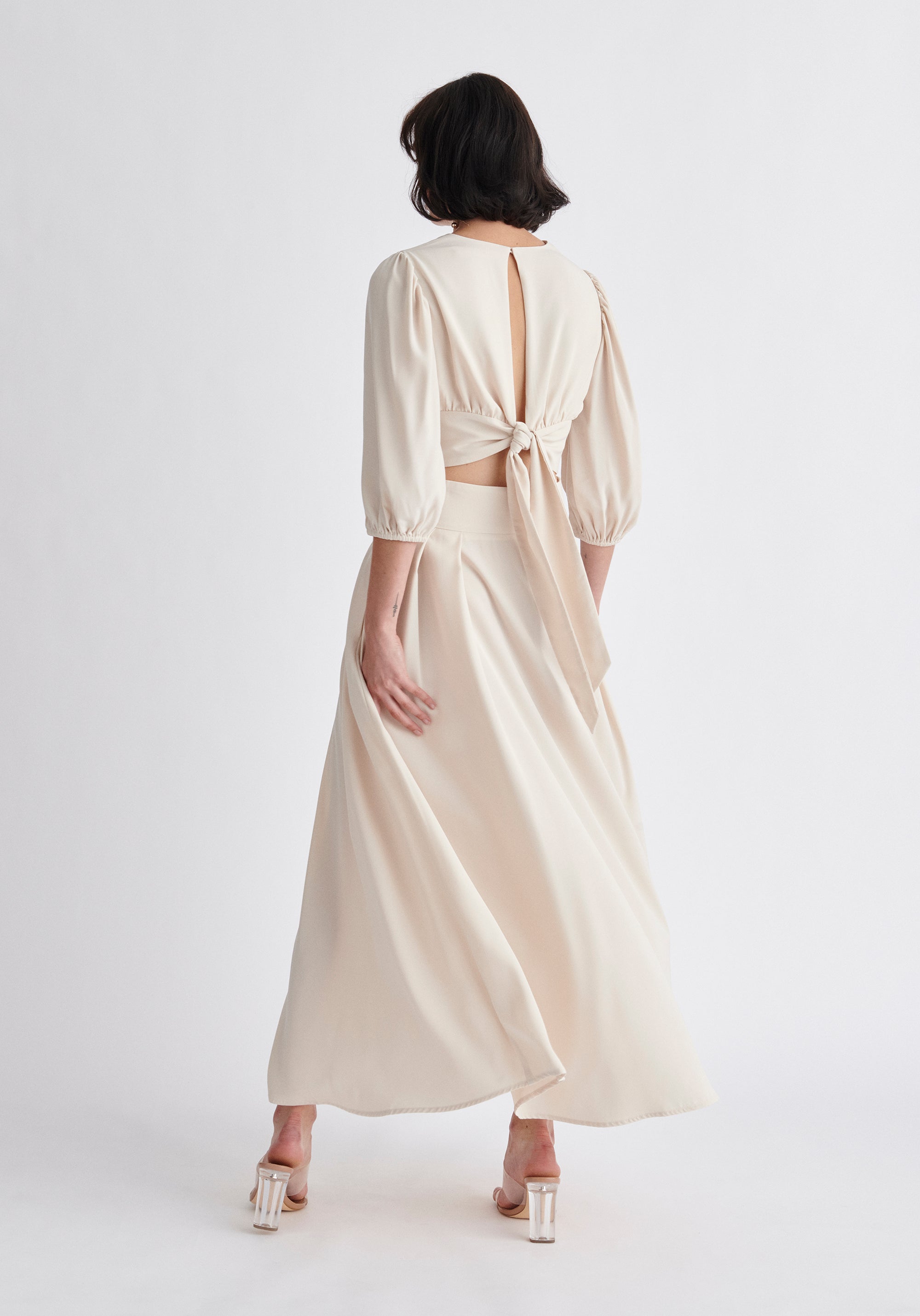 Paisie Maxi Tie Skirt in Beige Back