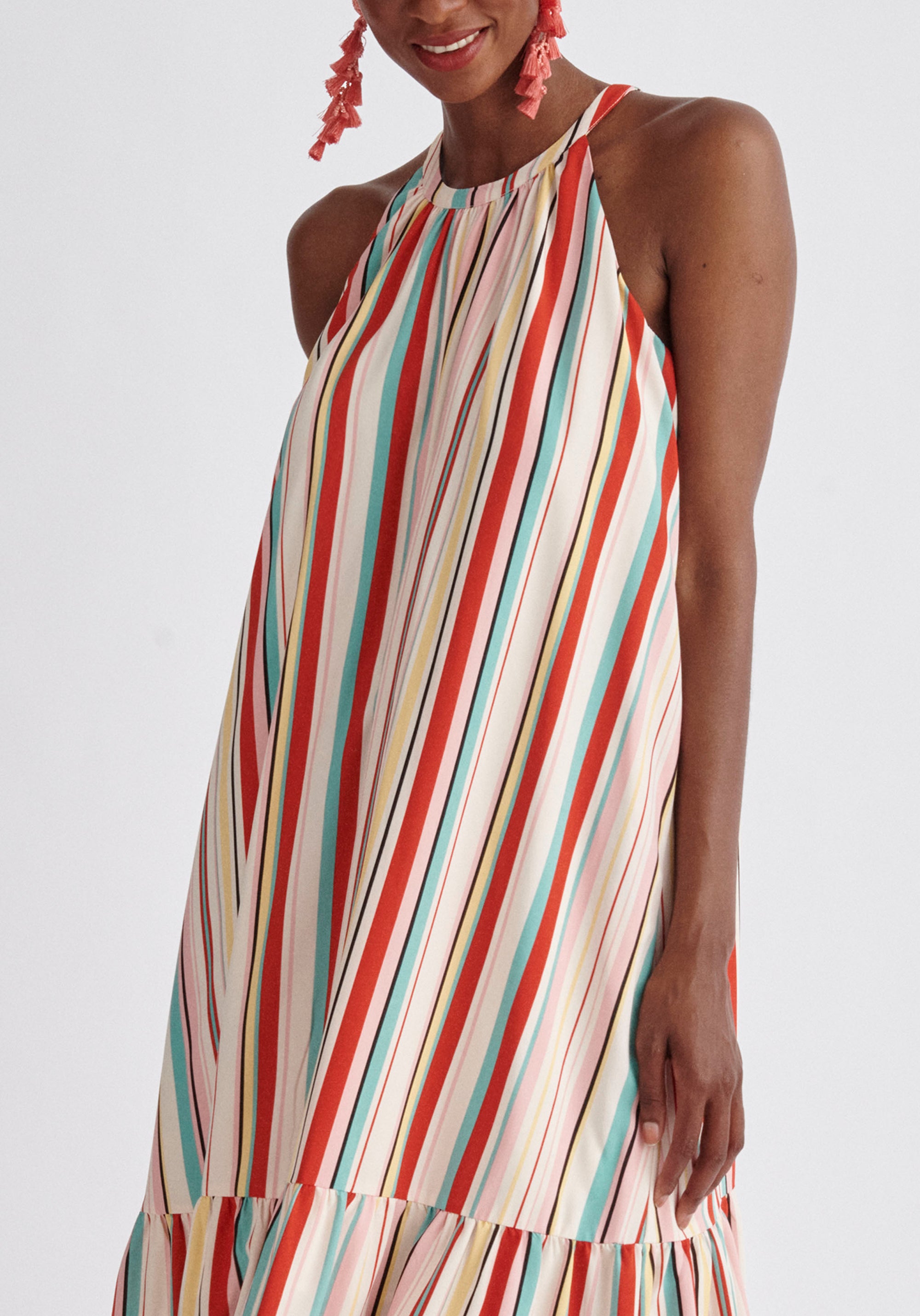 Paisie Striped Halterneck Maxi Dress Close Up