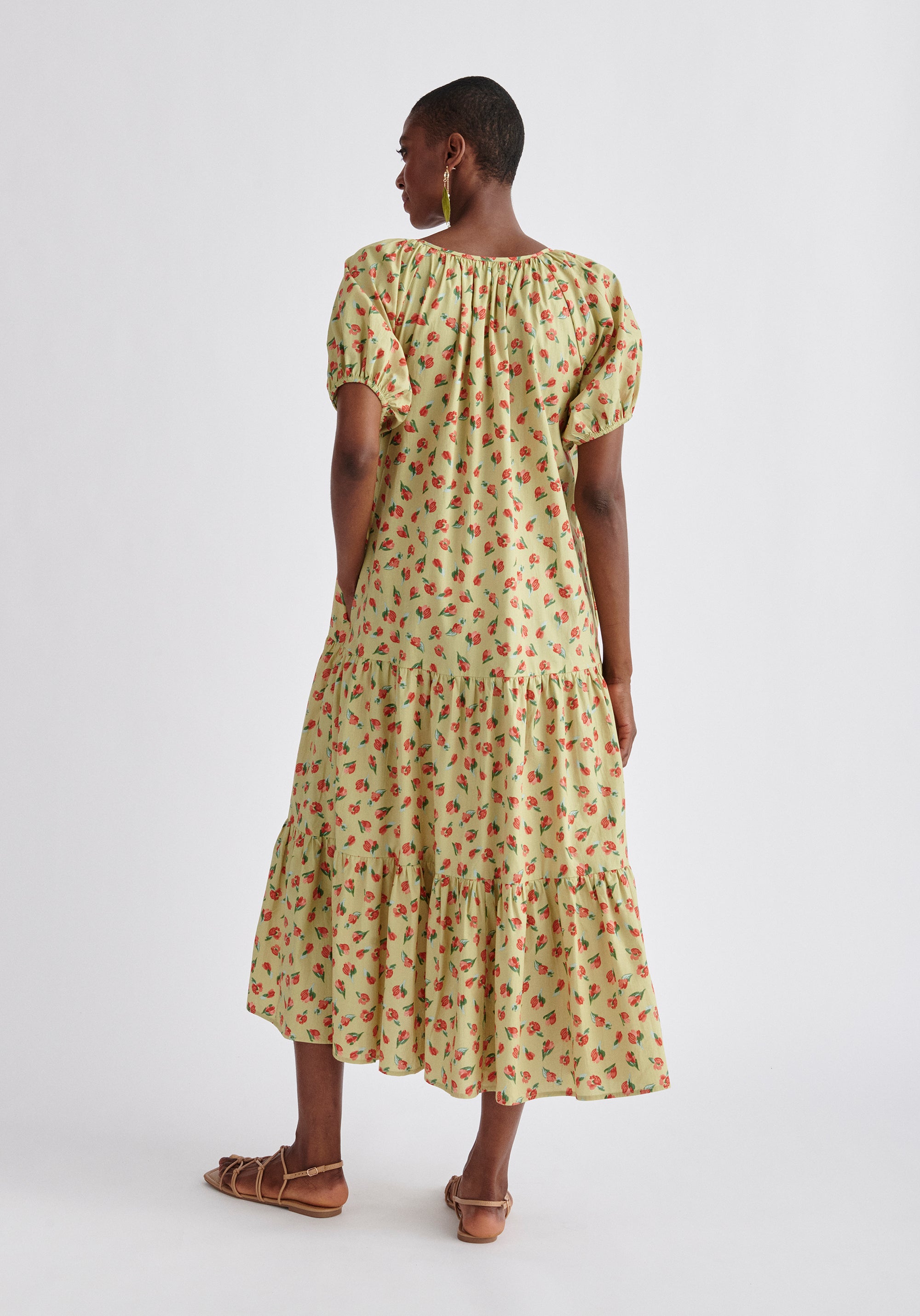 Paisie Floral Tiered Belted Cotton Dress Back