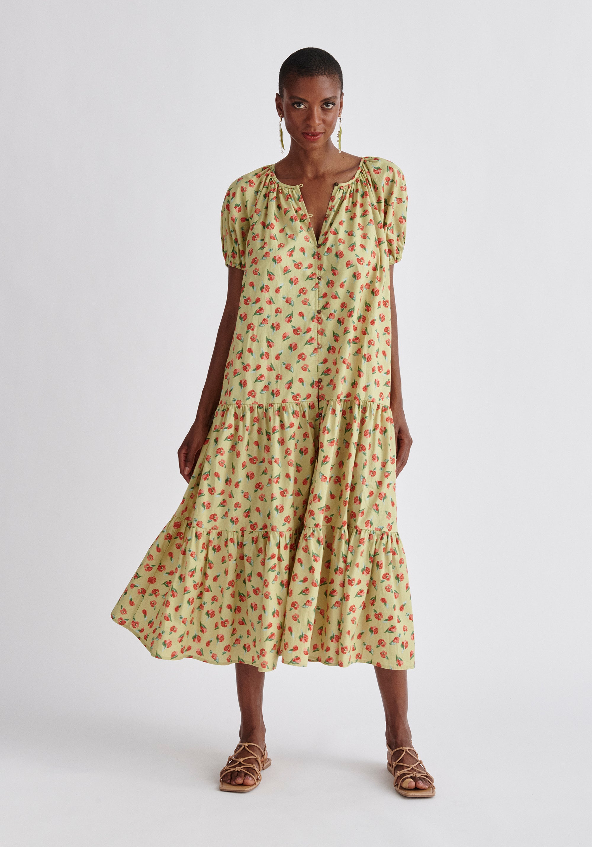 Paisie Floral Tiered Belted Cotton Dress