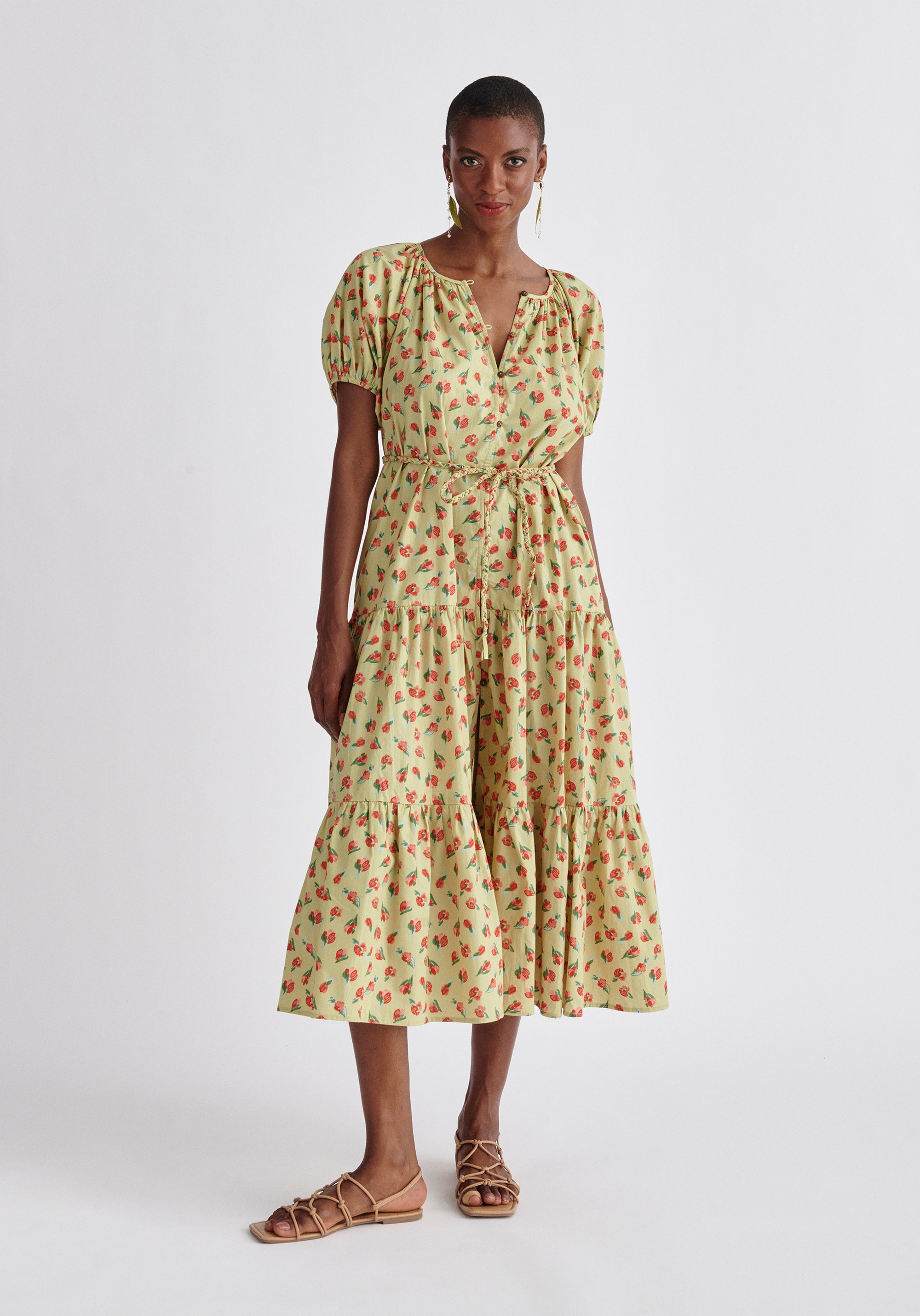 Paisie Floral Tiered Belted Cotton Dress