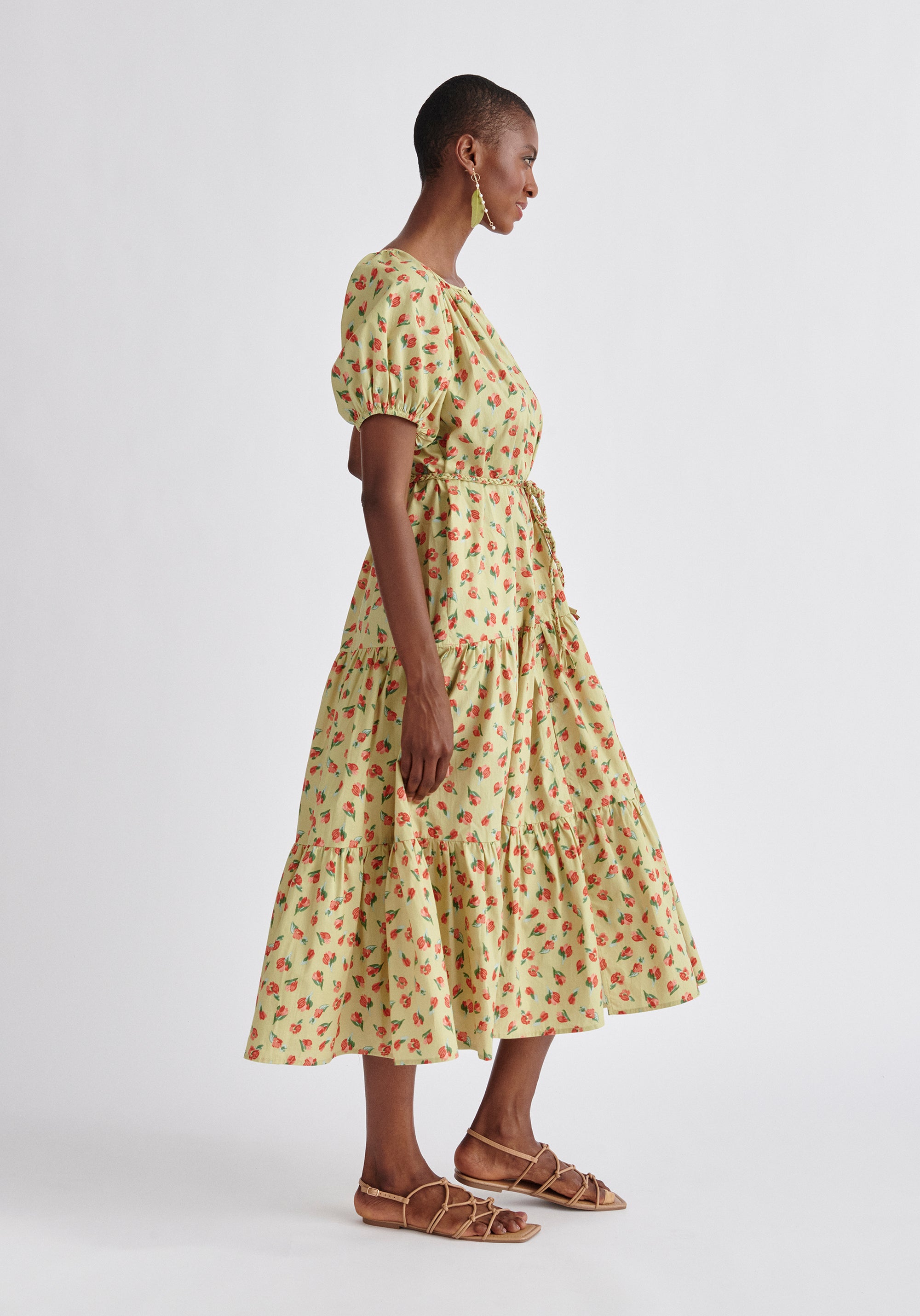 Paisie Floral Tiered Belted Cotton Dress Side