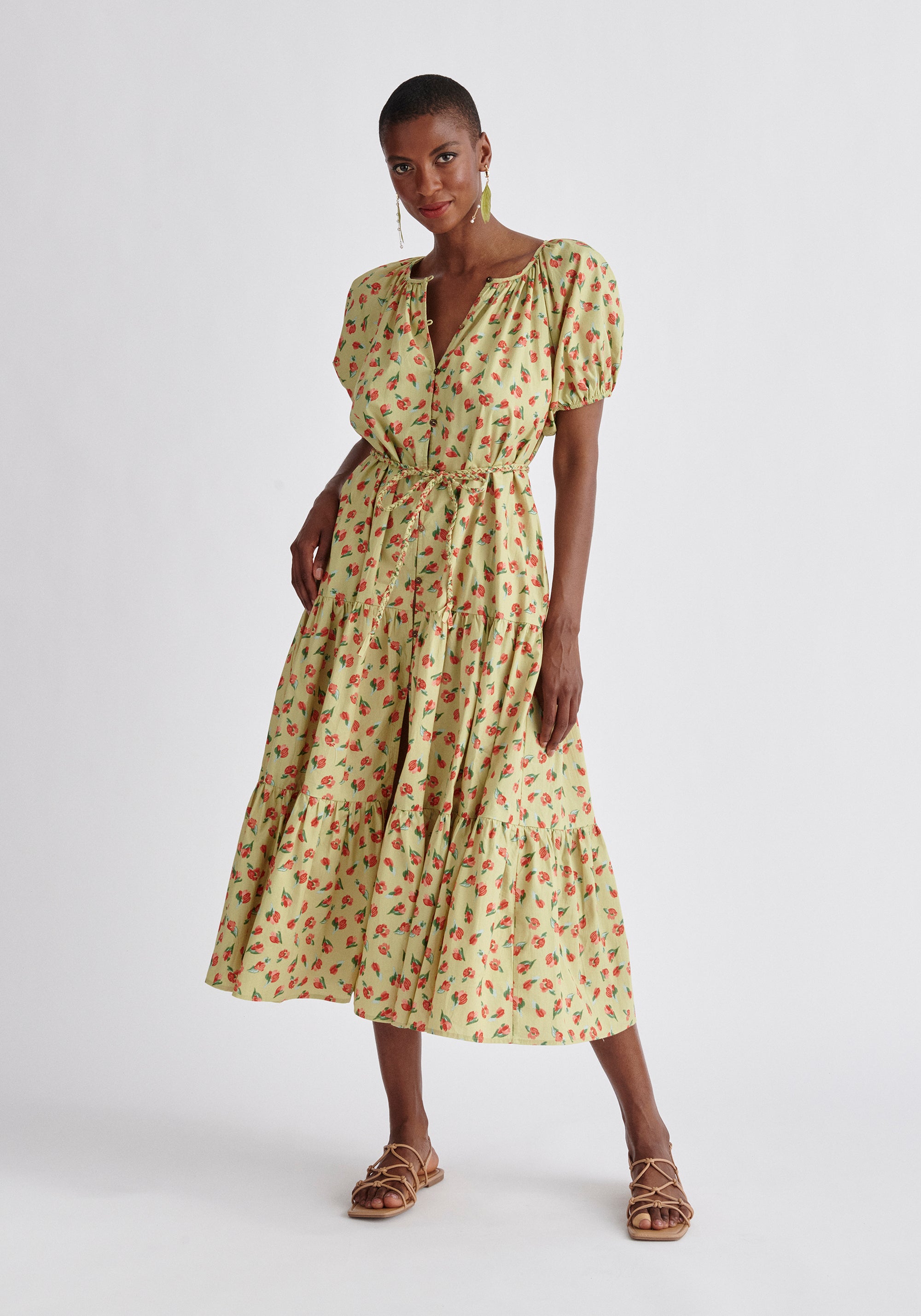 Paisie Floral Tiered Belted Cotton Dress