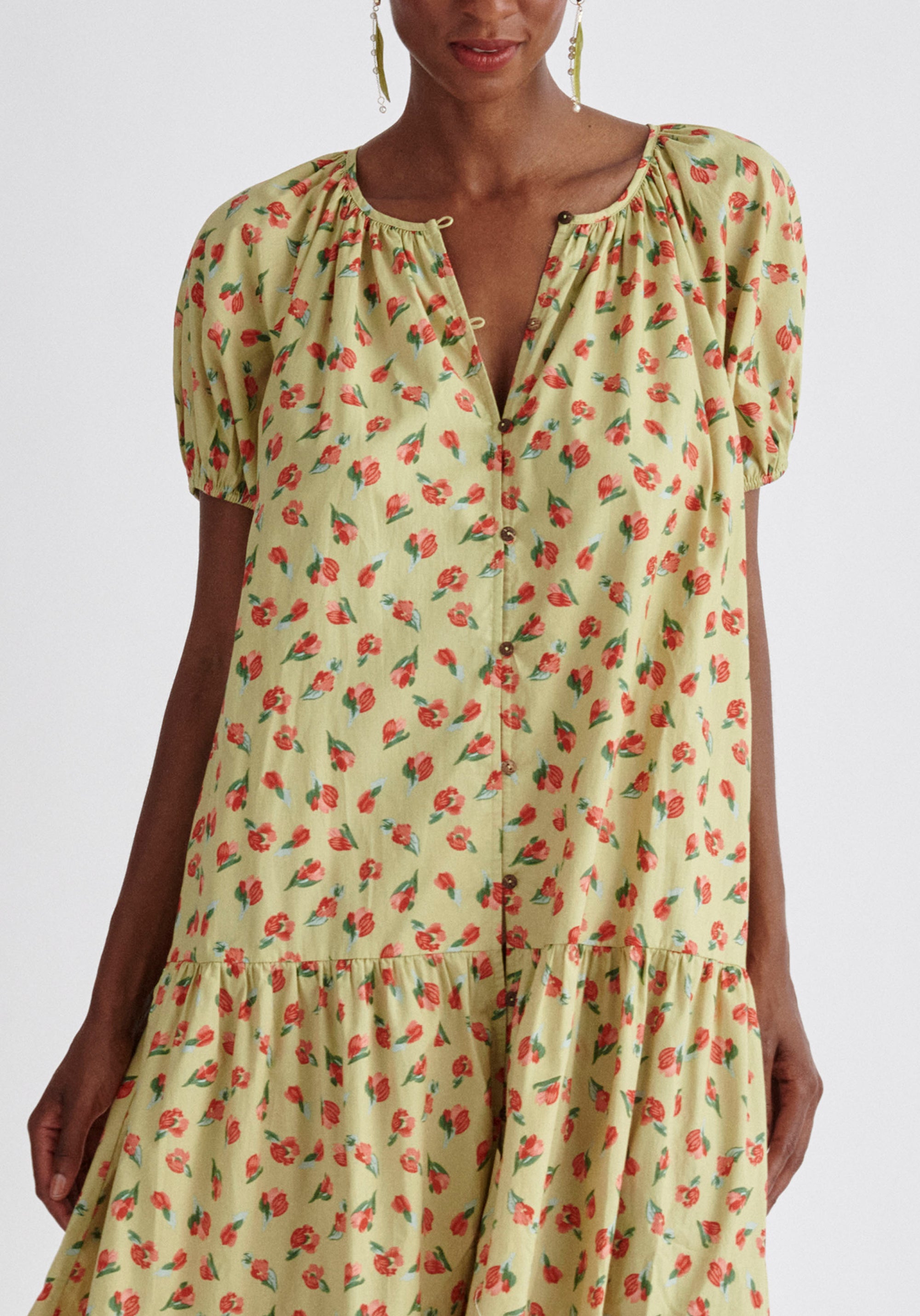 Paisie Floral Tiered Belted Cotton Dress Close Up