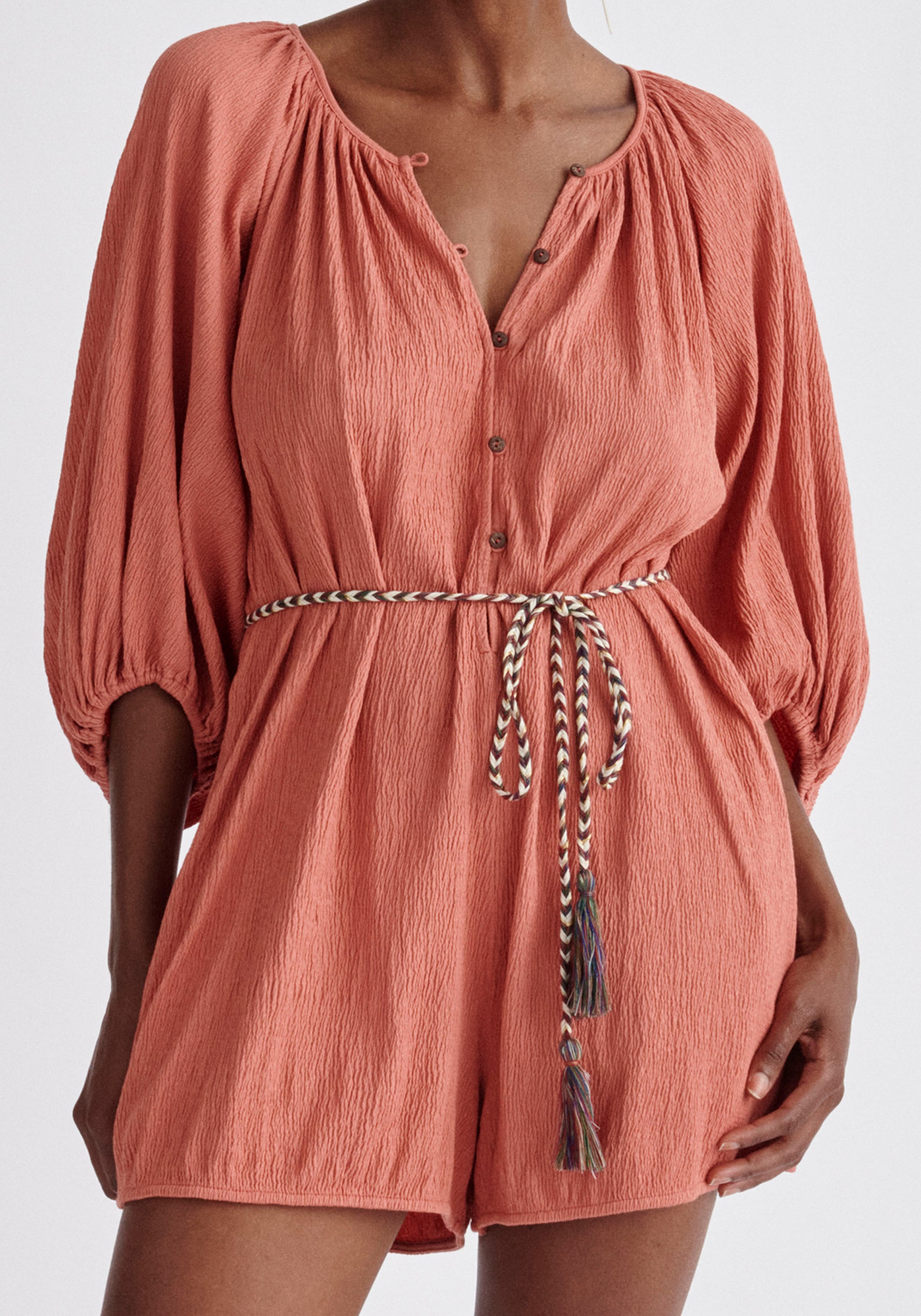 Paisie Balloon Sleeve Playsuit in Pink Close Up