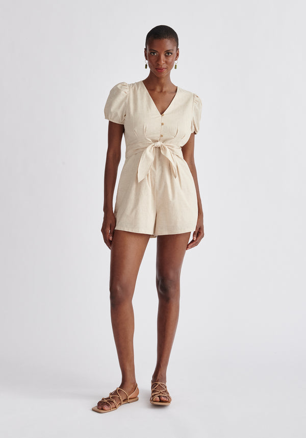 Paisie Linen Blend Playsuit in Oatmeal