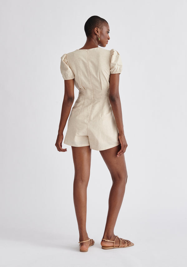 Paisie Linen Blend Playsuit in Oatmeal Back