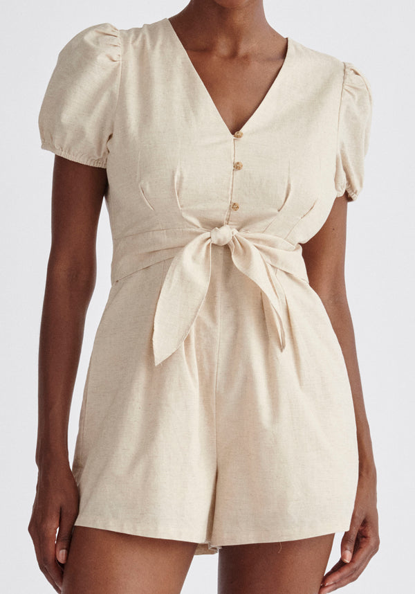 Paisie Linen Blend Playsuit in Oatmeal Close Up