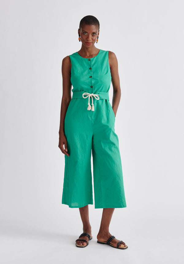 Paisie Belted Linen Blend Jumpsuit in Green