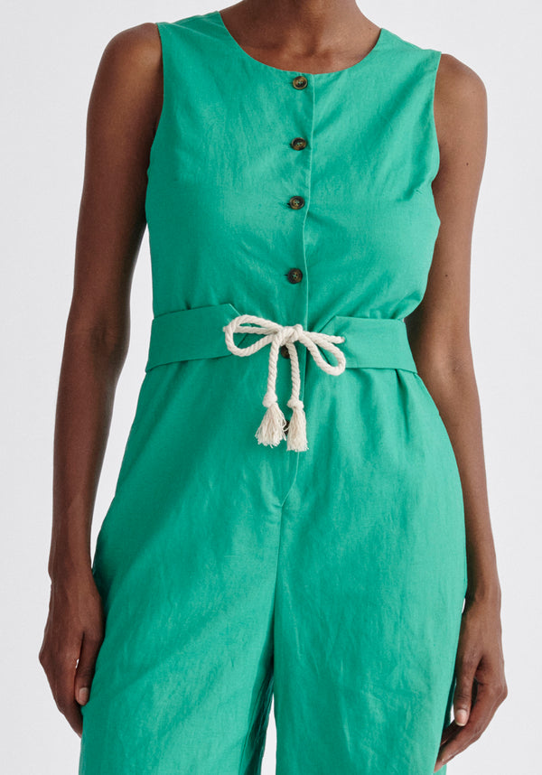 Paisie Belted Linen Blend Jumpsuit in Green Close Up