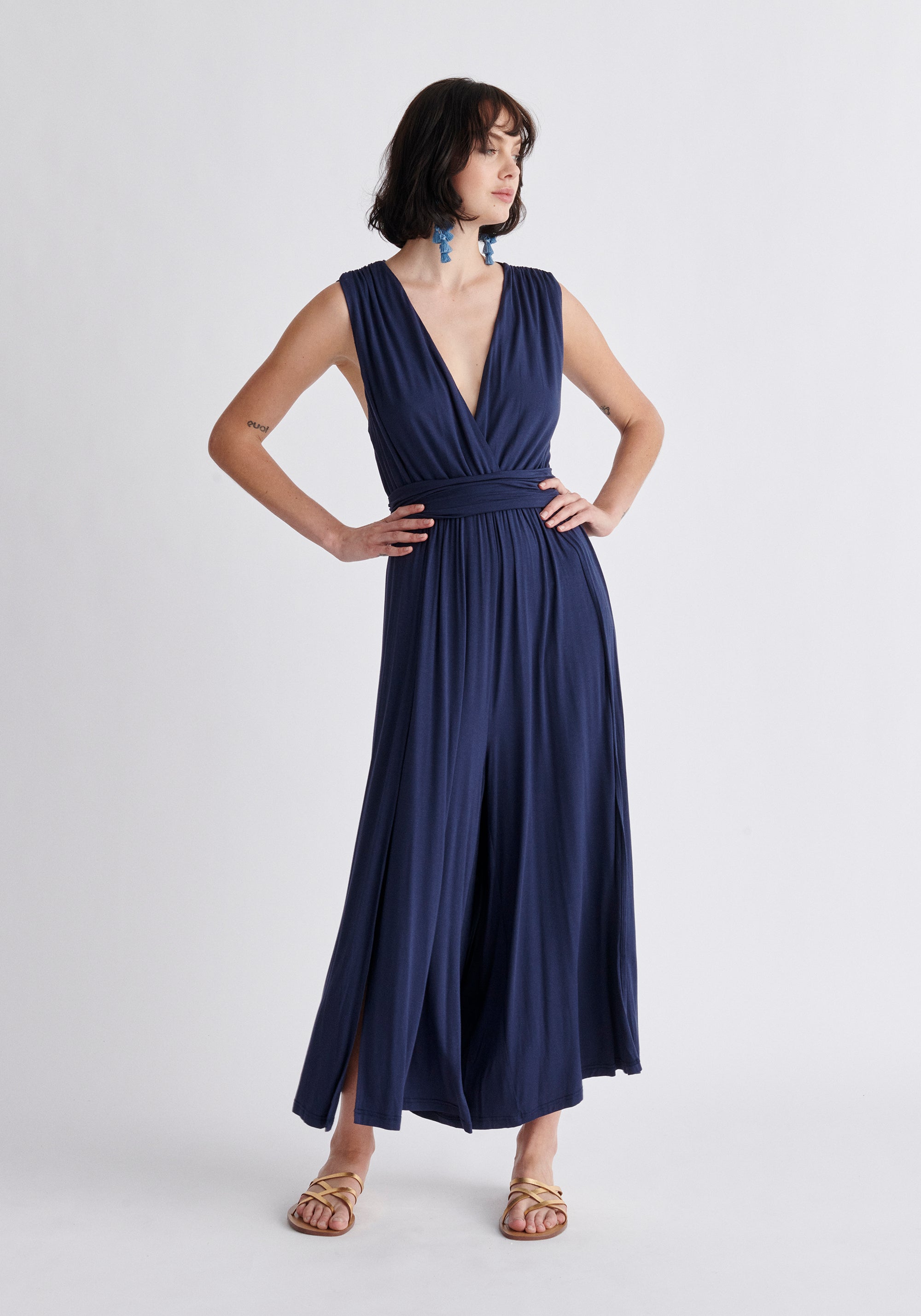 Paisie Cross Back Jersey Jumpsuit in Navy