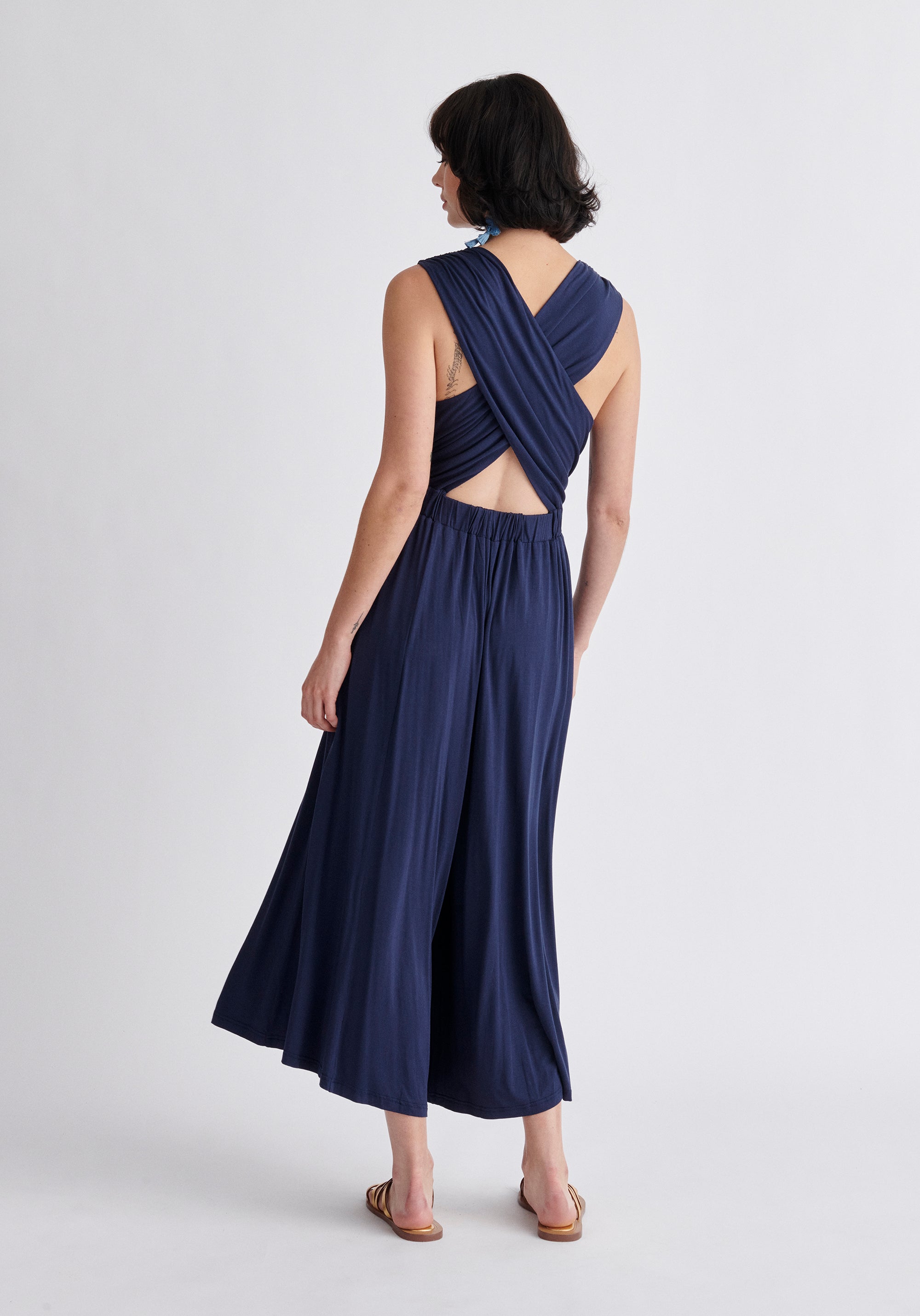 Paisie Cross Back Jersey Jumpsuit in Navy Back