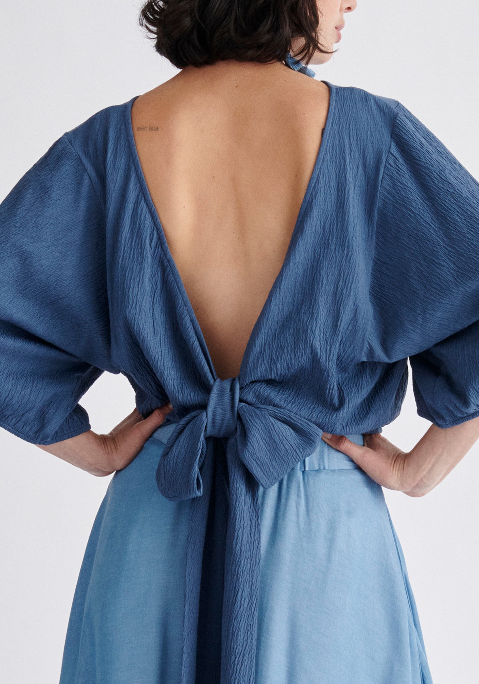 Paisie Two-Way Kimono Wrap Top in Blue Close Up