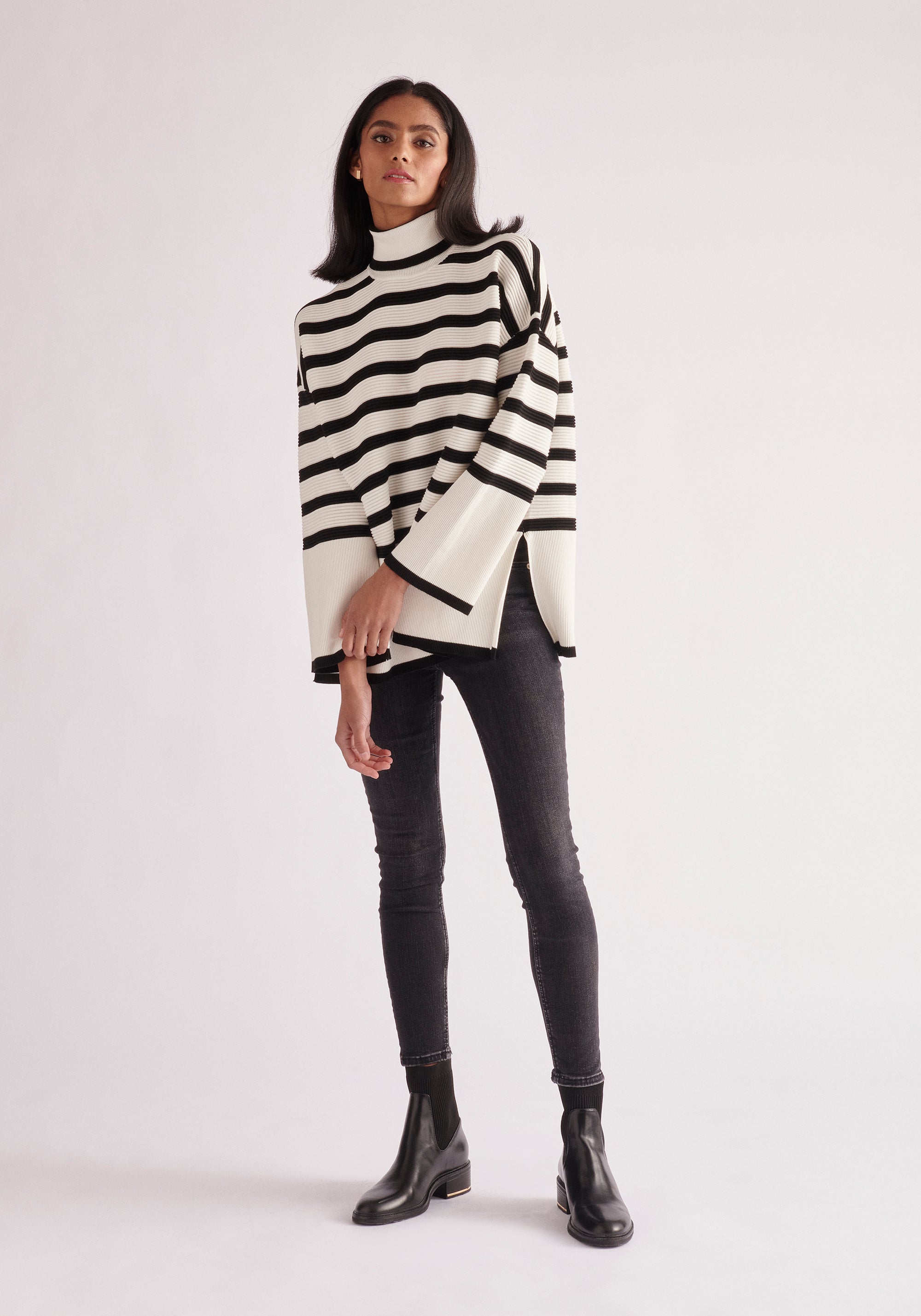 Paisie Striped Ribbed Wide Sleeve Jumper in White and Black